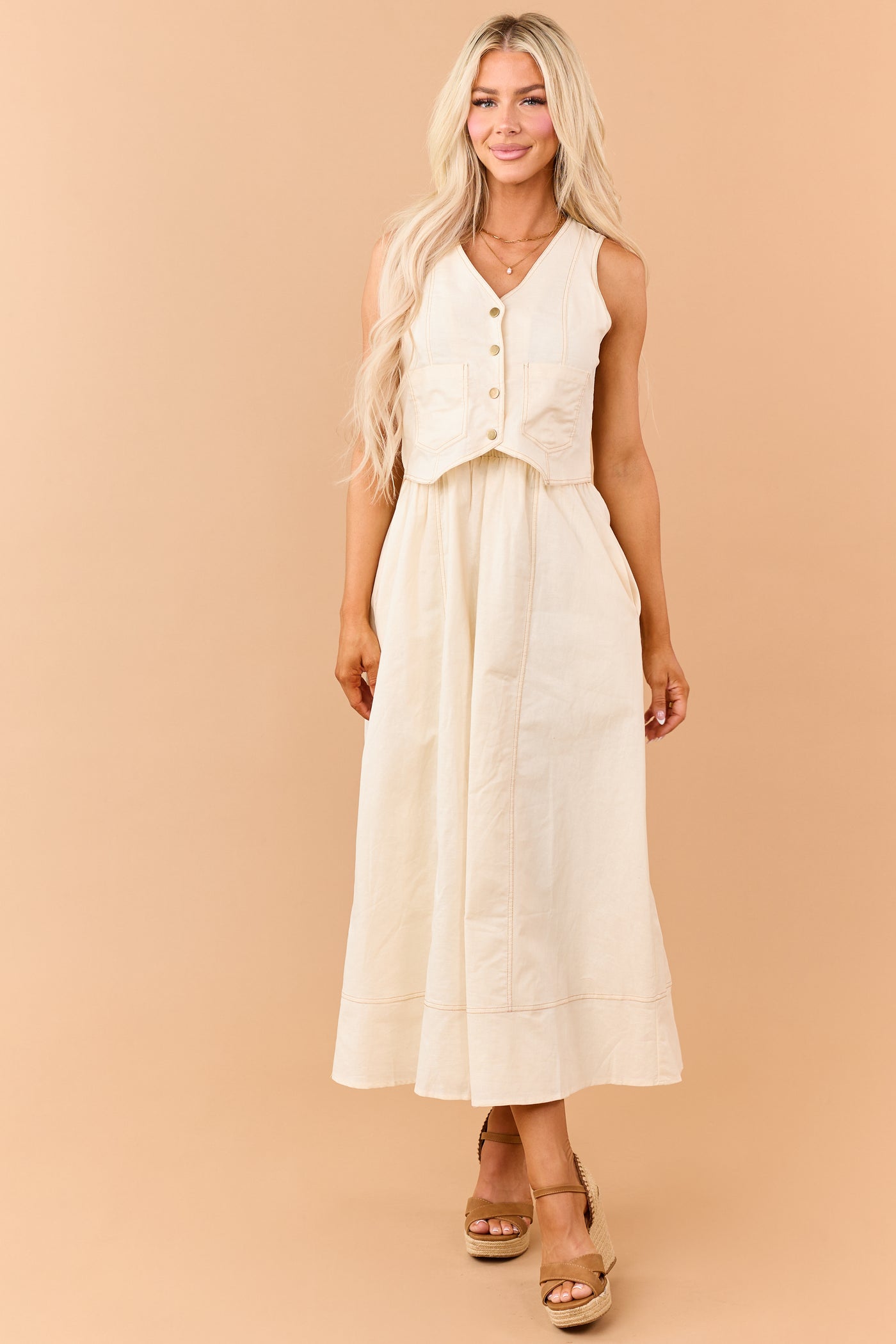 Listicle Almond Linen Blend Vest Style Maxi Dress