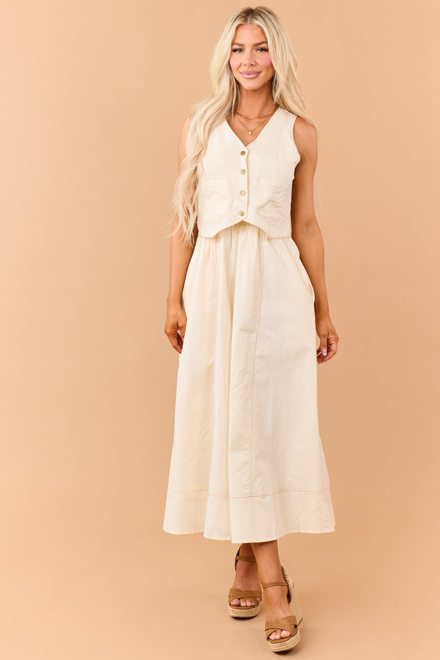 Listicle Almond Linen Blend Vest Style Maxi Dress