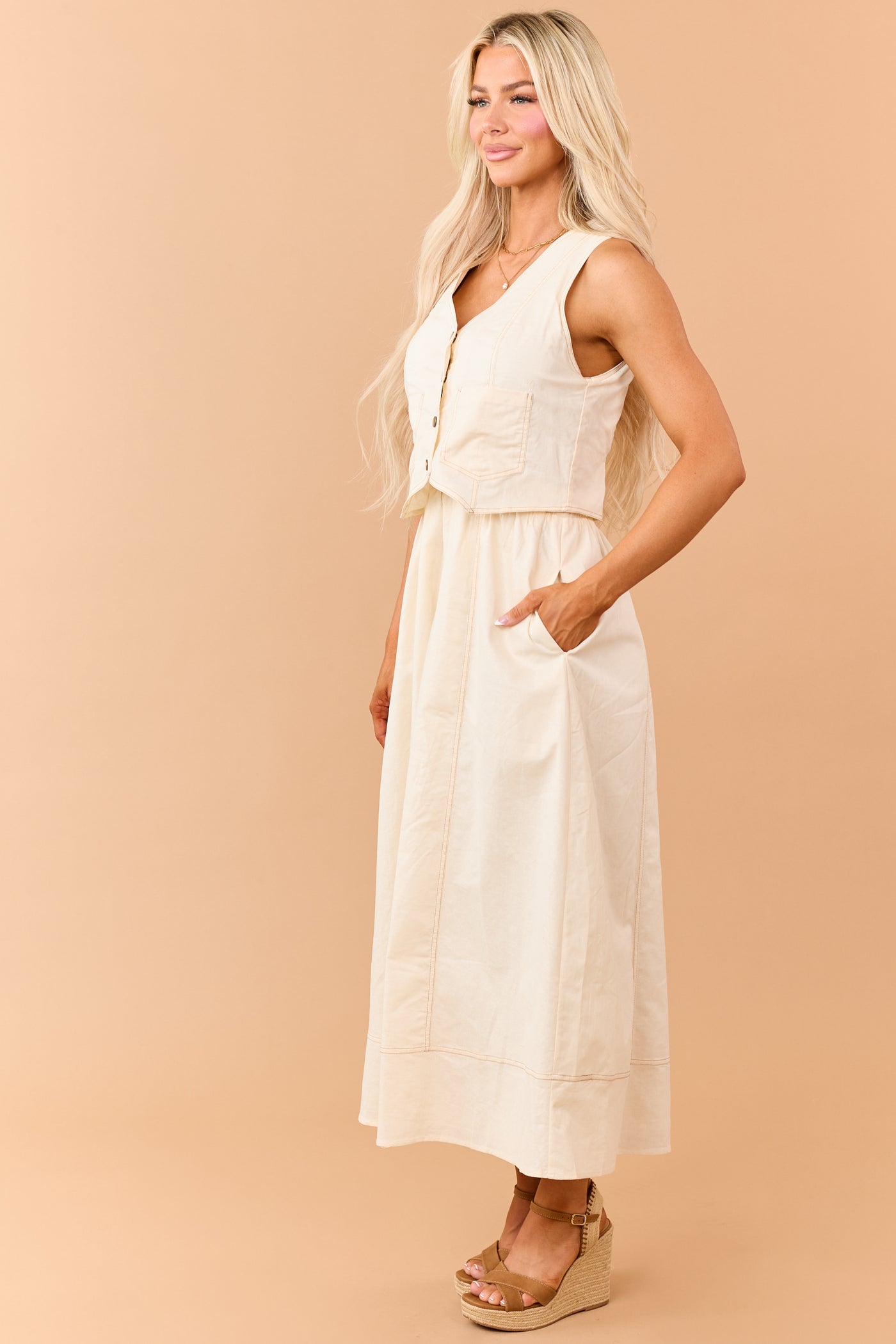 Listicle Almond Linen Blend Vest Style Maxi Dress