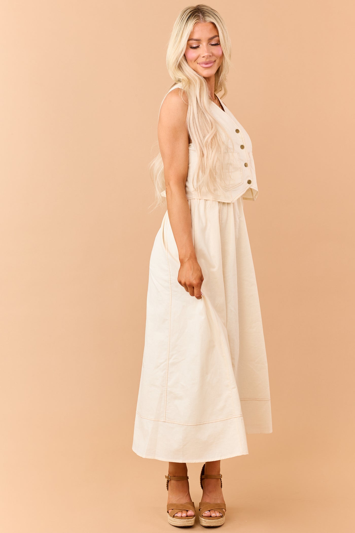 Listicle Almond Linen Blend Vest Style Maxi Dress
