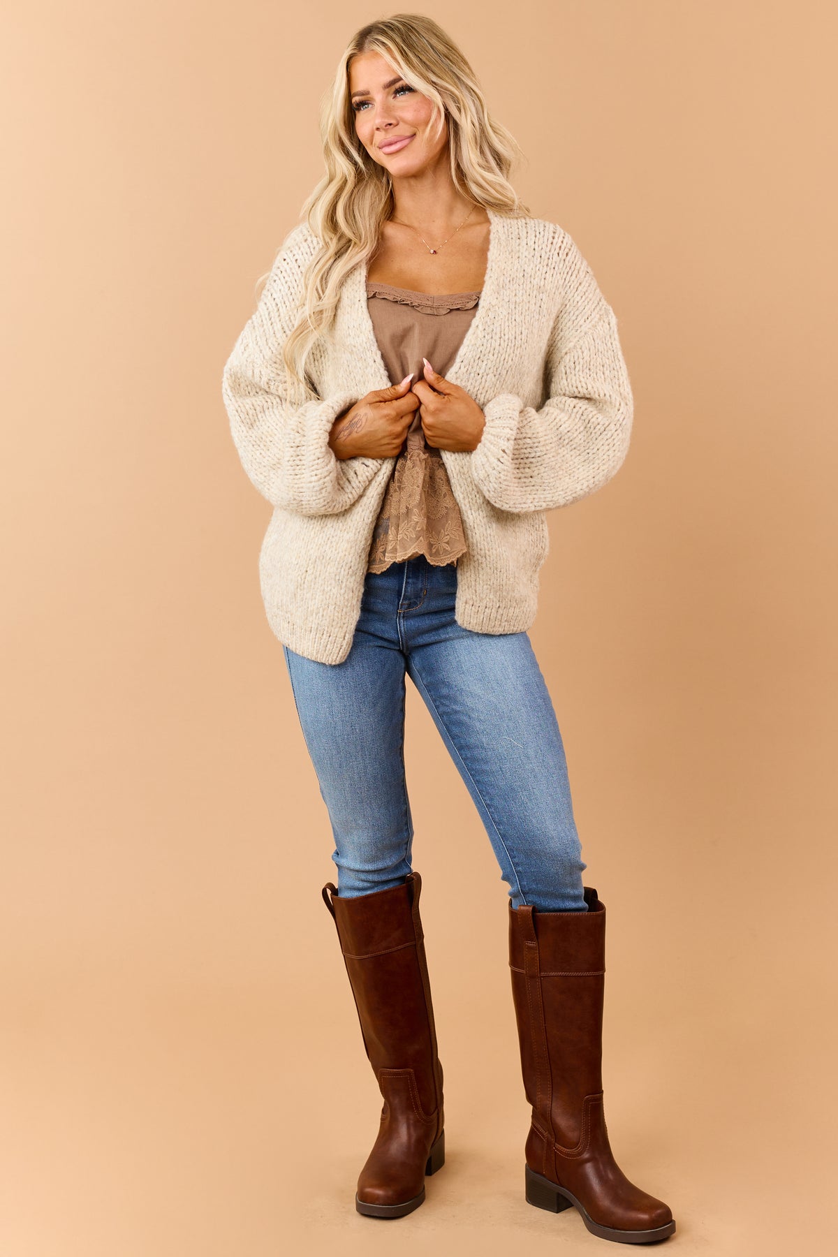 Listicle Almond Rib Knit Open Front Cardigan