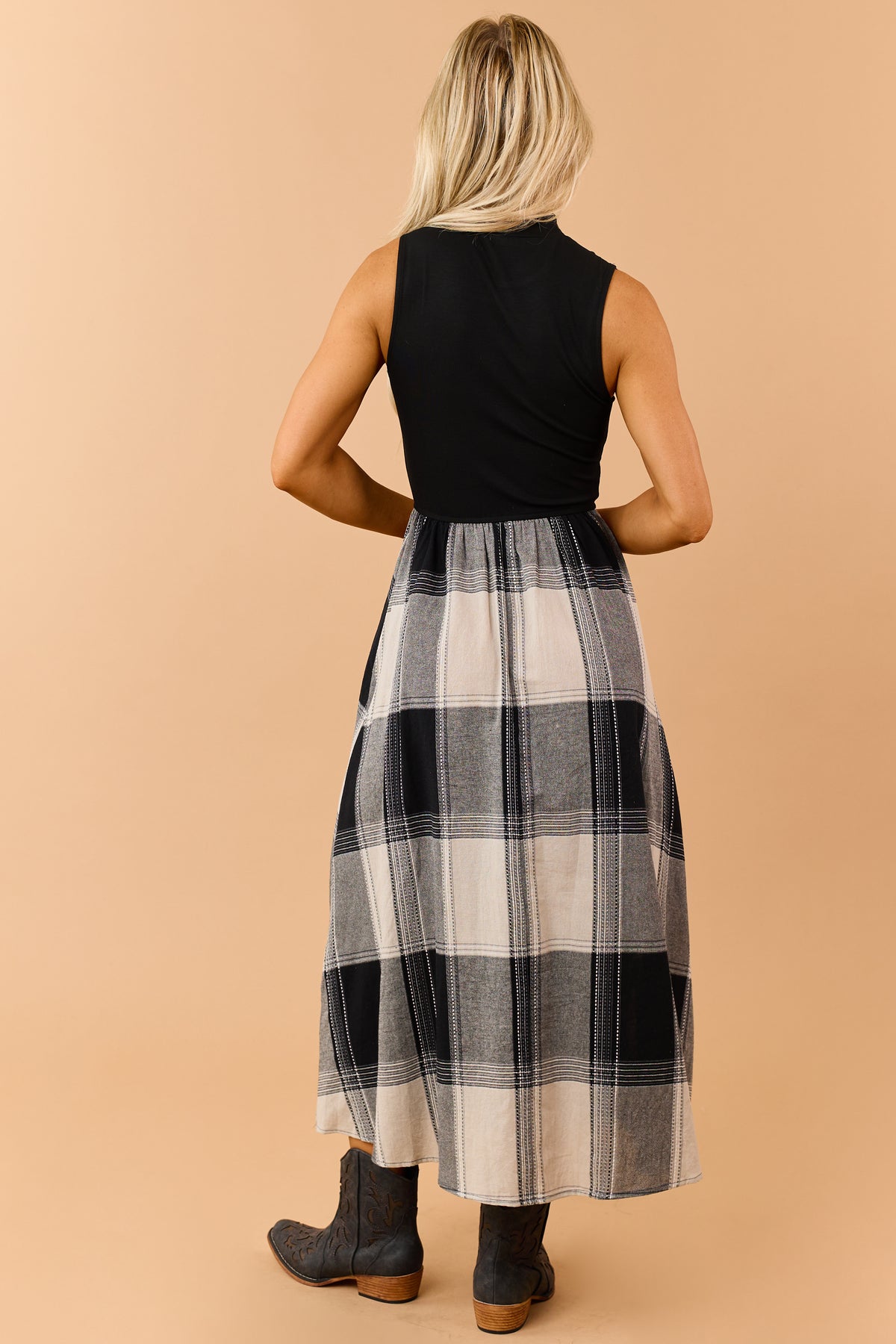 Listicle Black Cotton Plaid Skirt Maxi Dress