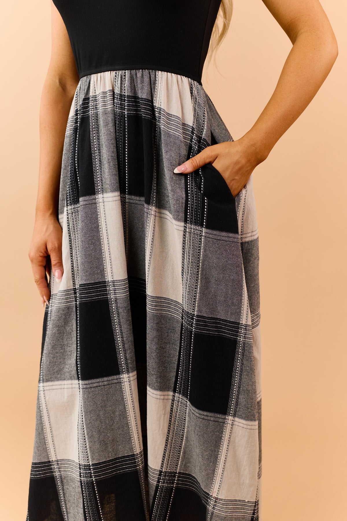 Listicle Black Cotton Plaid Skirt Maxi Dress