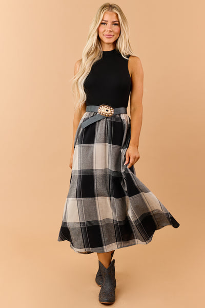 Listicle Black Cotton Plaid Skirt Maxi Dress