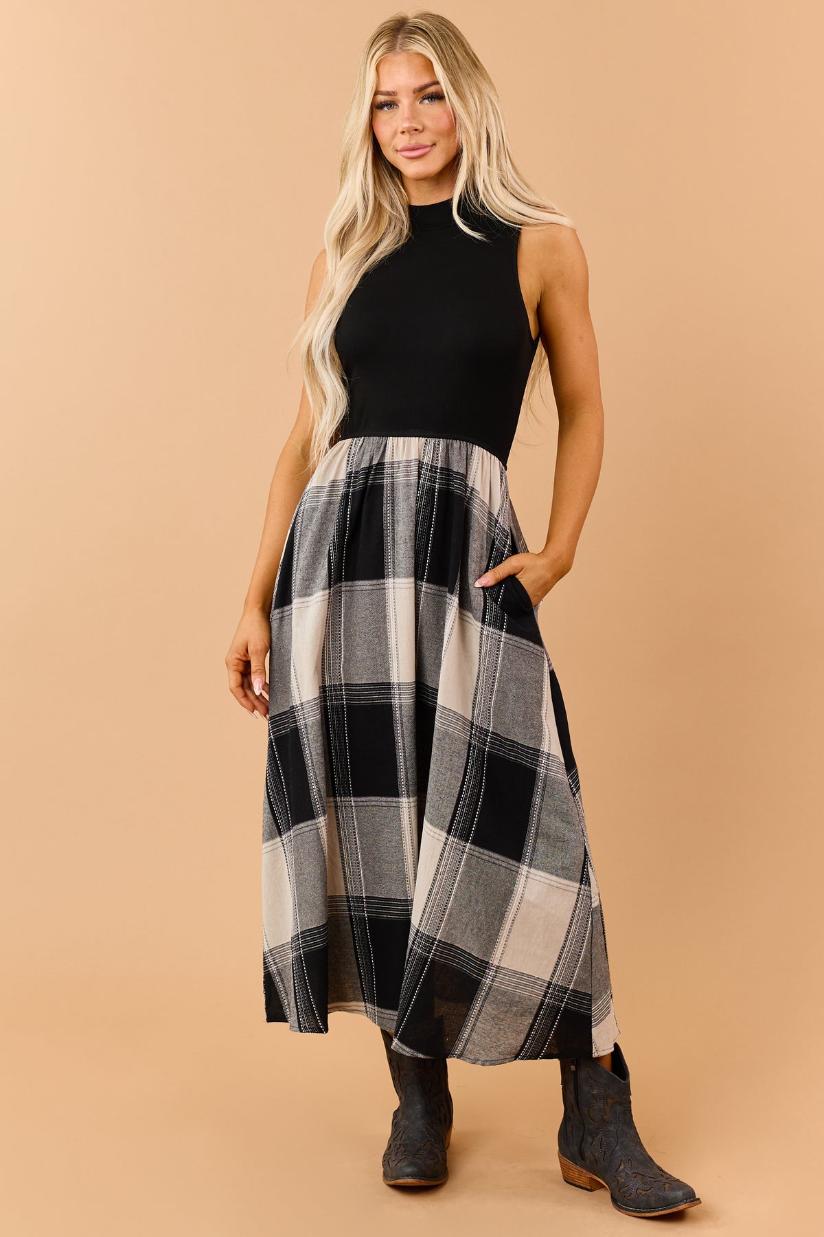 Listicle Black Cotton Plaid Skirt Maxi Dress