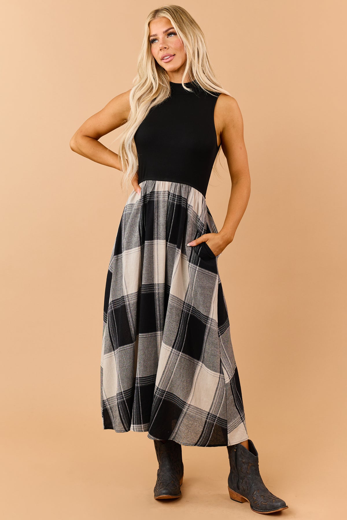 Listicle Black Cotton Plaid Skirt Maxi Dress