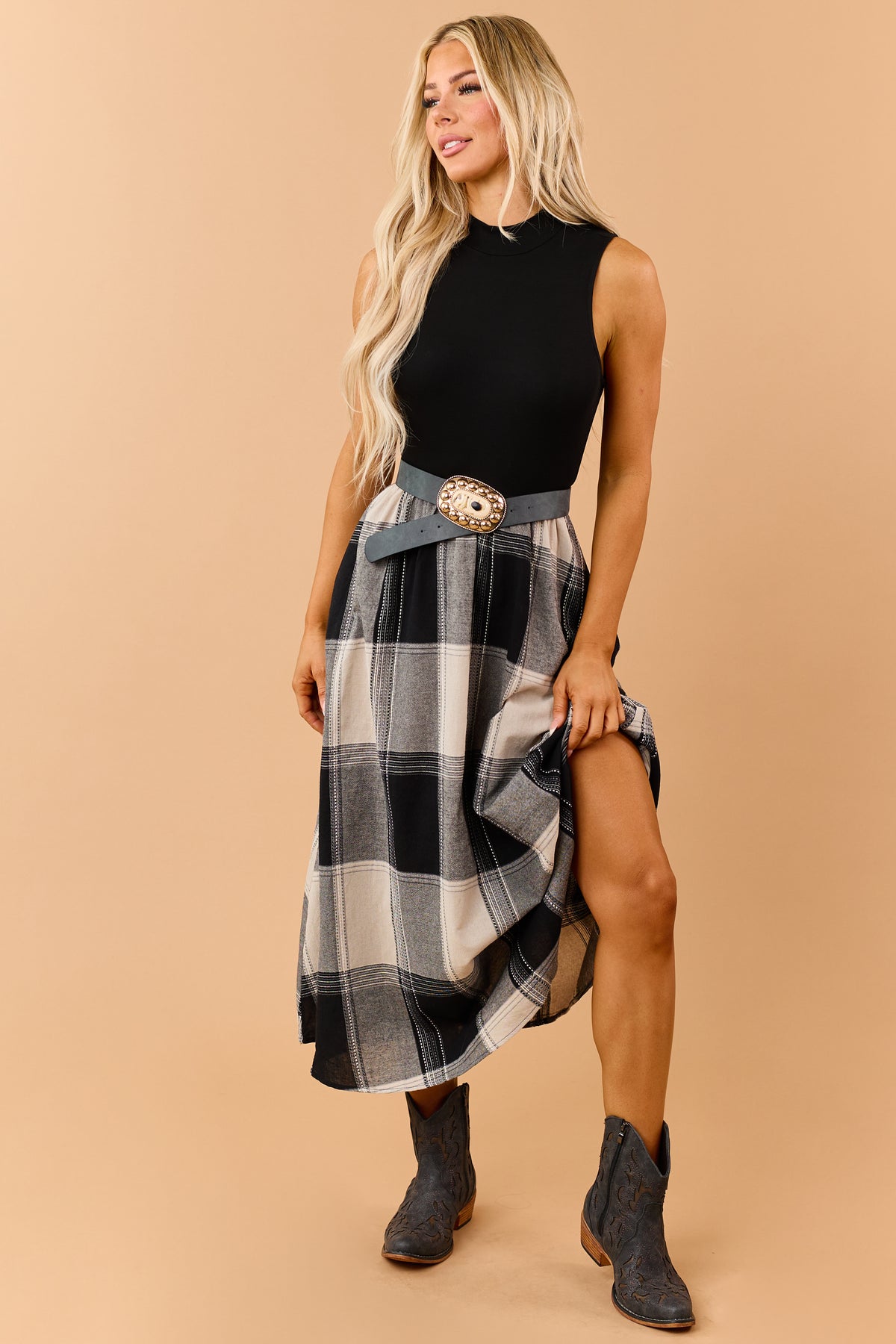 Listicle Black Cotton Plaid Skirt Maxi Dress
