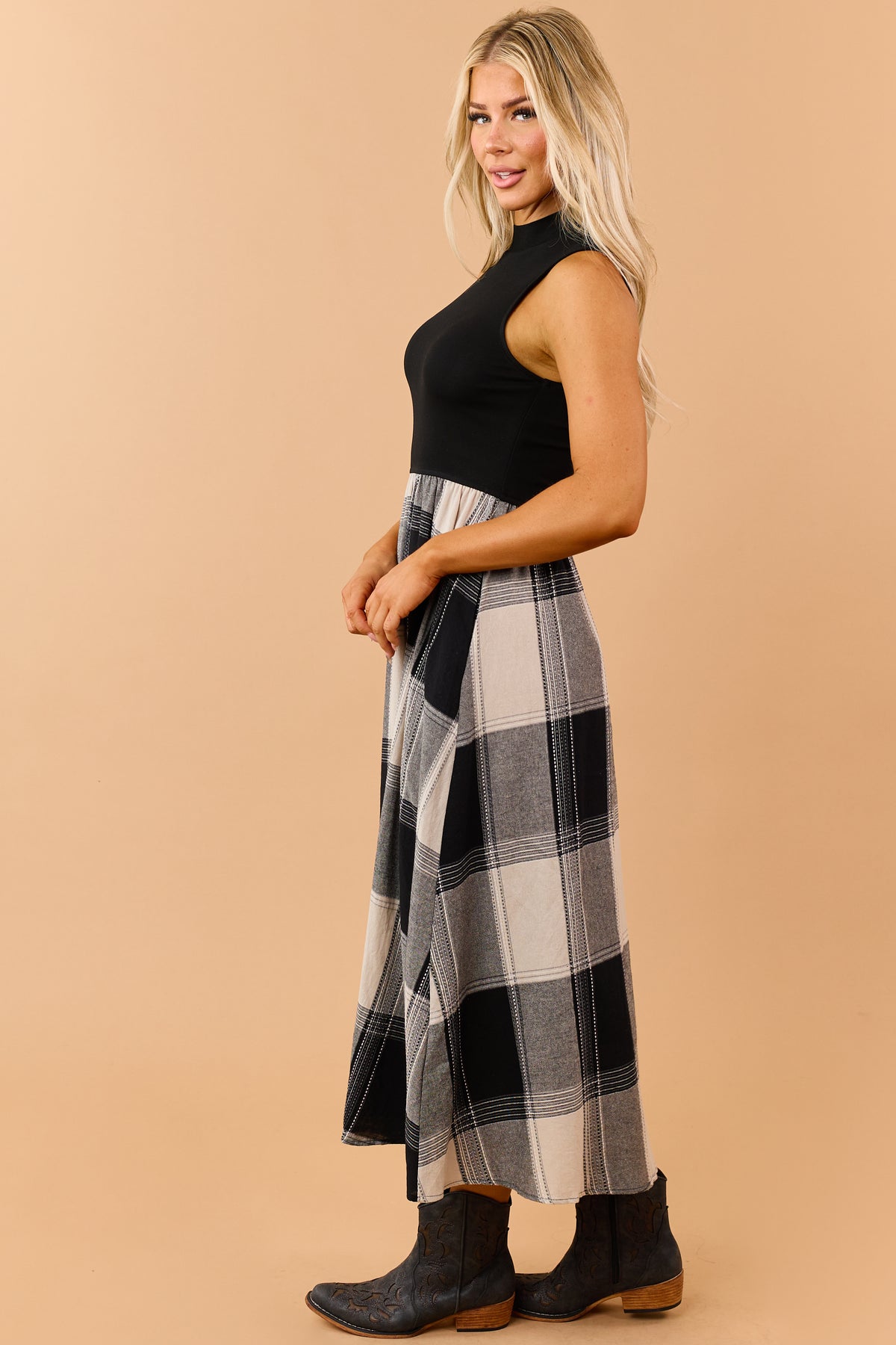 Listicle Black Cotton Plaid Skirt Maxi Dress