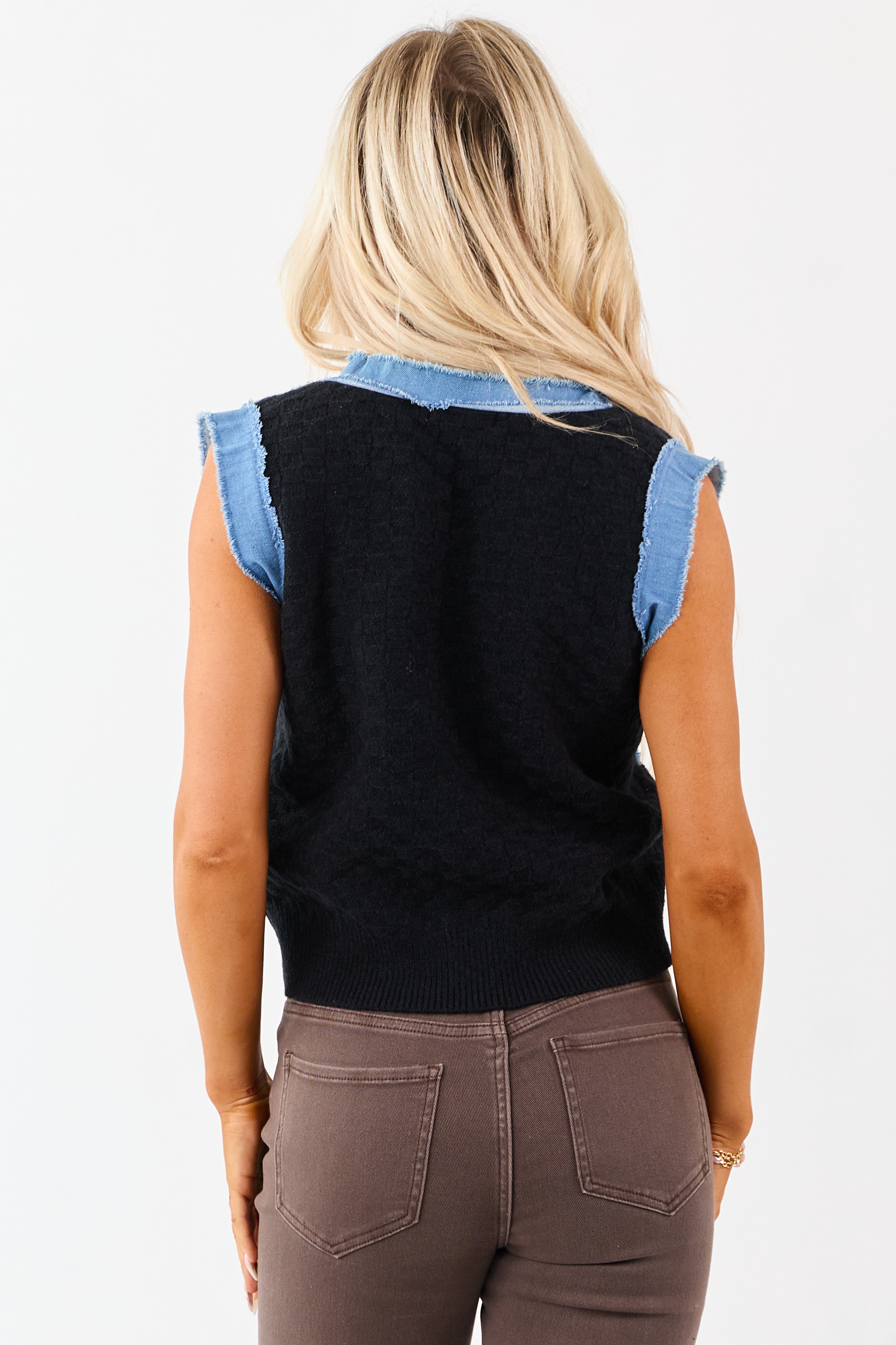Listicle Black Knit Contrast Denim Trim Vest