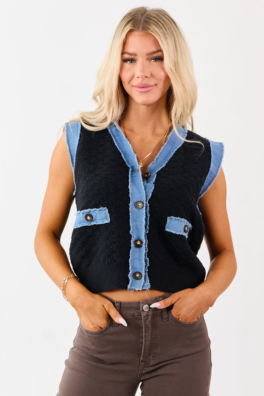 Listicle Black Knit Contrast Denim Trim Vest