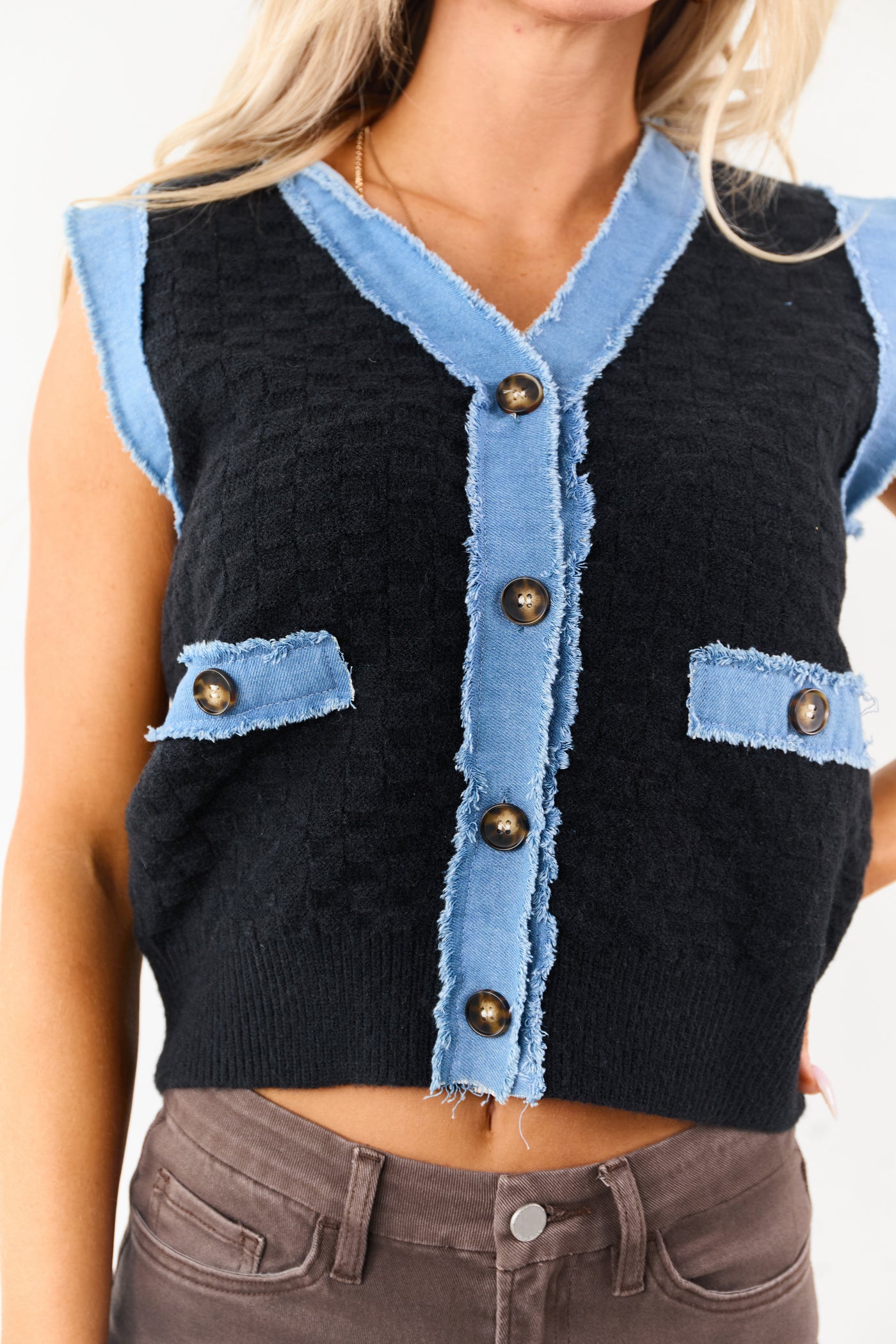 Listicle Black Knit Contrast Denim Trim Vest