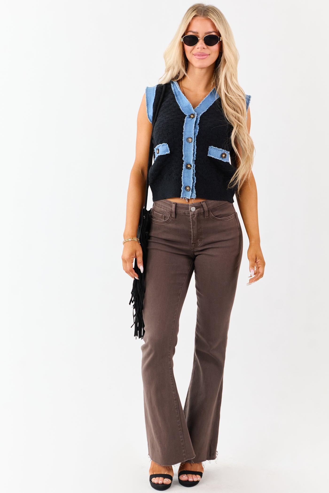 Listicle Black Knit Contrast Denim Trim Vest