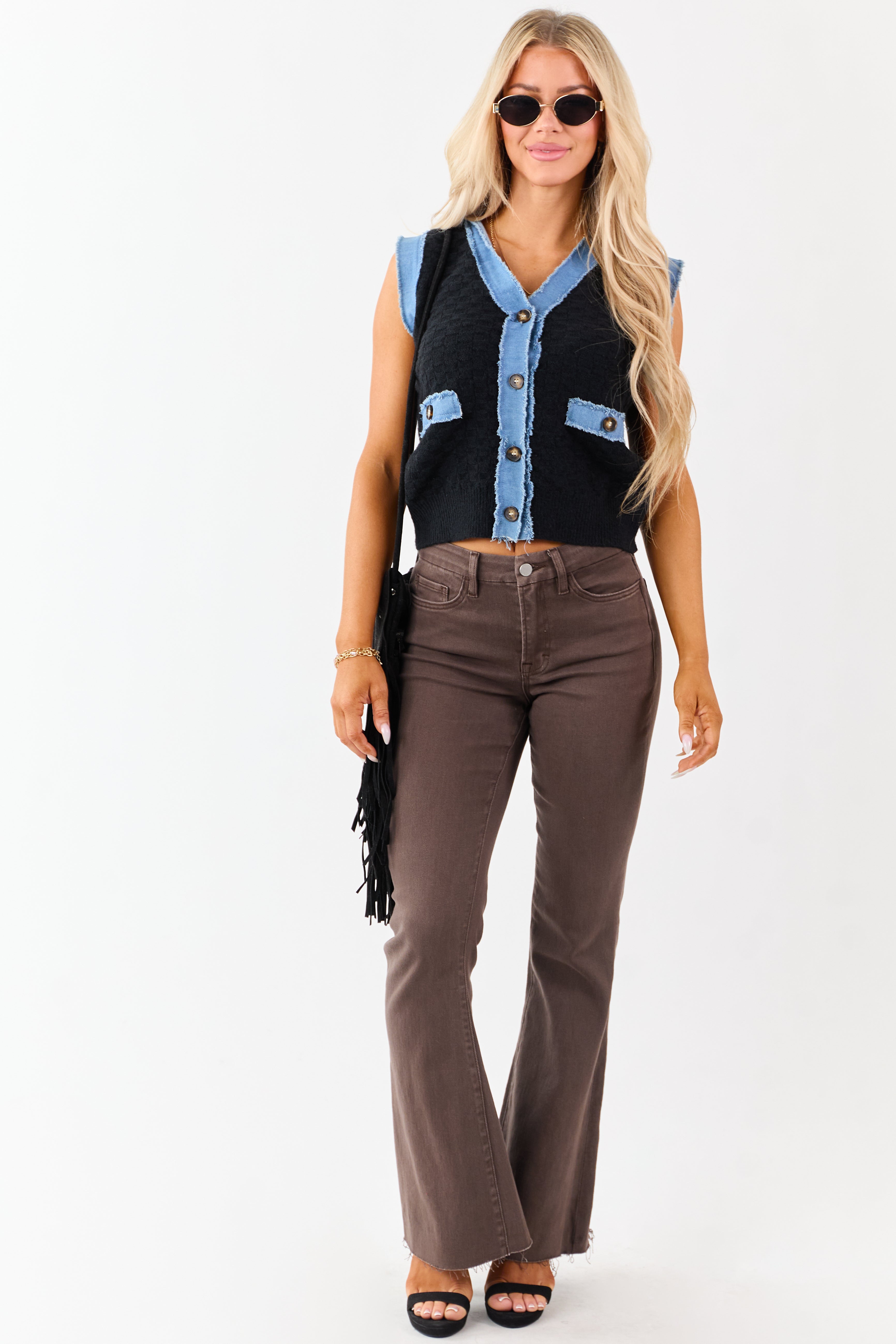 Listicle Black Knit Contrast Denim Trim Vest