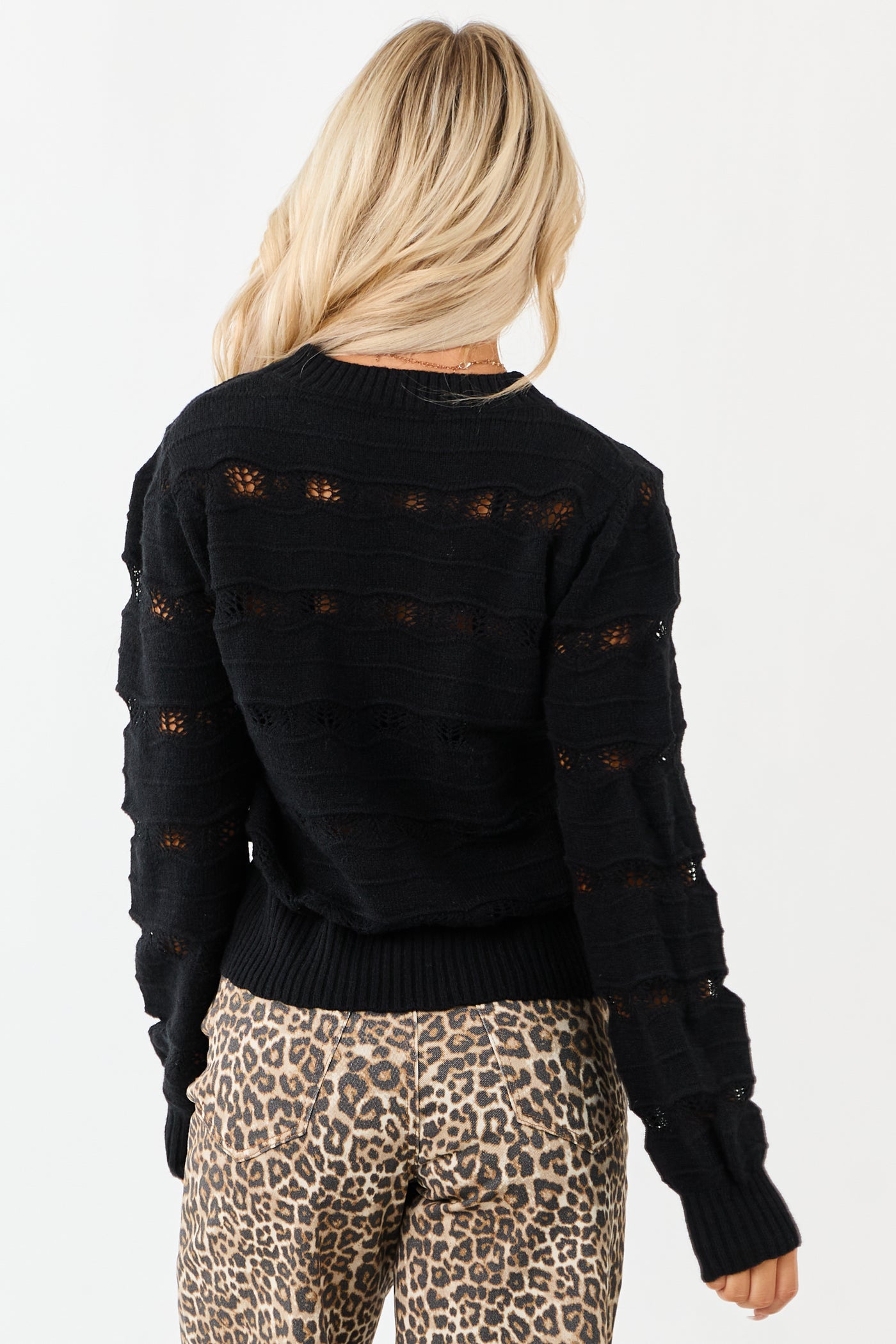 Listicle Black Pointelle Wavy Stripe Knit Sweater