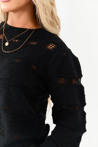 Listicle Black Pointelle Wavy Stripe Knit Sweater