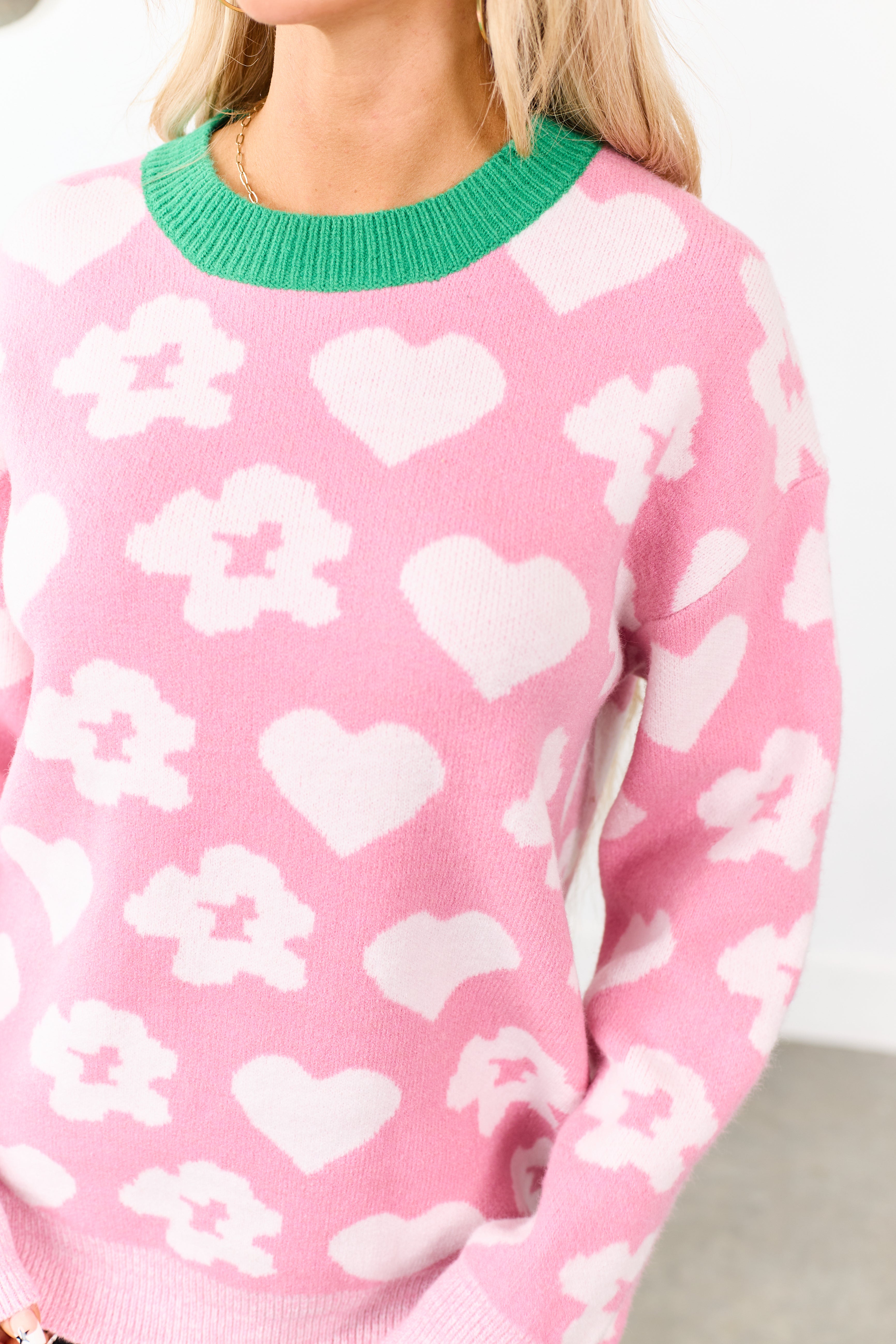 Listicle Bubblegum Floral Heart Ringer Neck Sweater