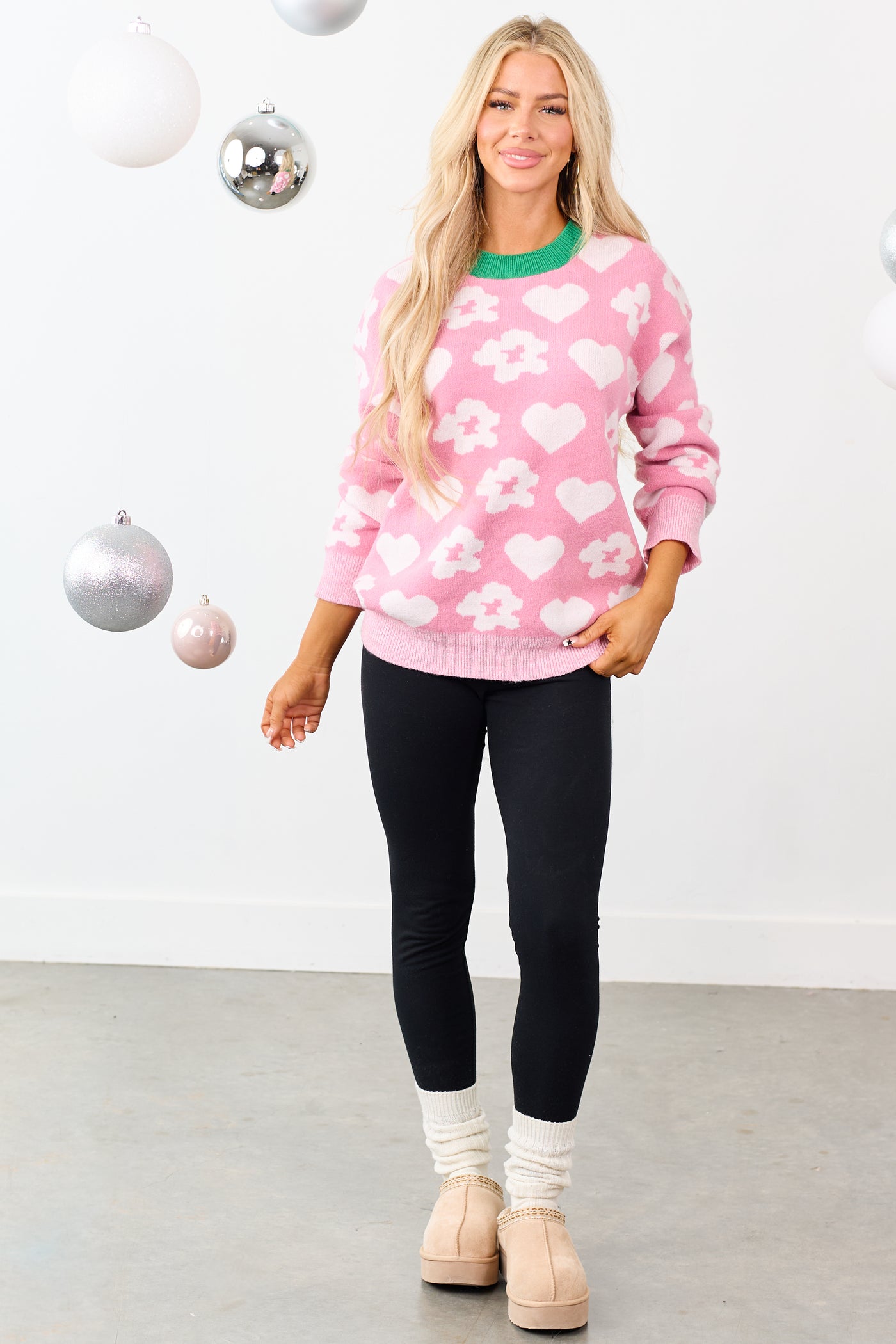 Listicle Bubblegum Floral Heart Ringer Neck Sweater