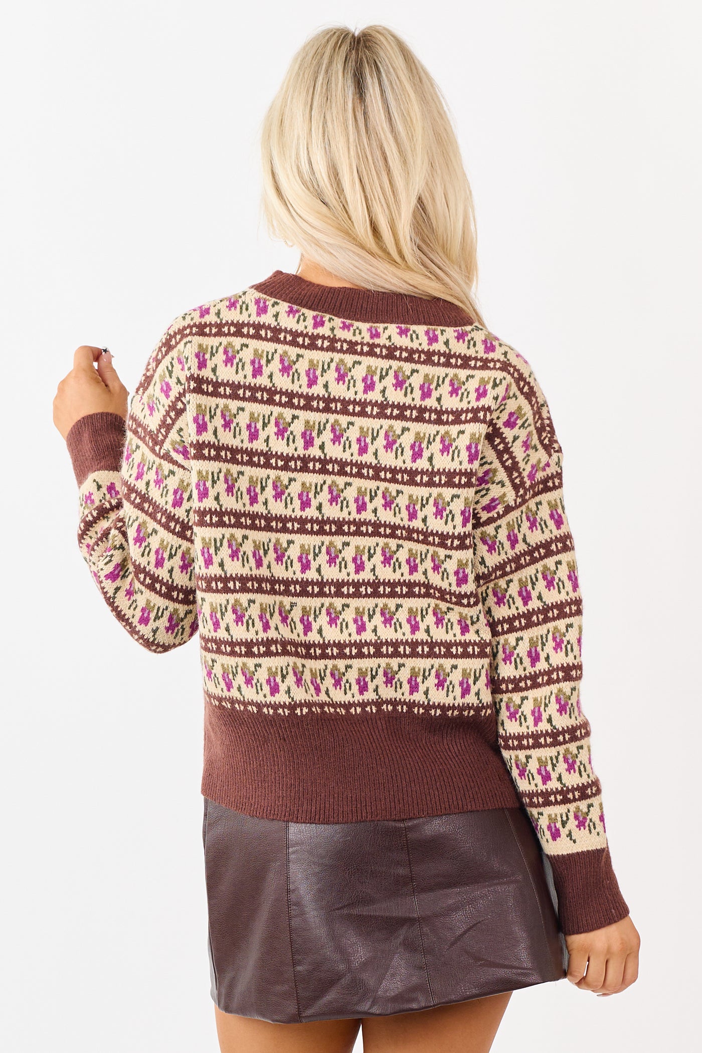 Listicle Chocolate Abstract Floral Knit Sweater