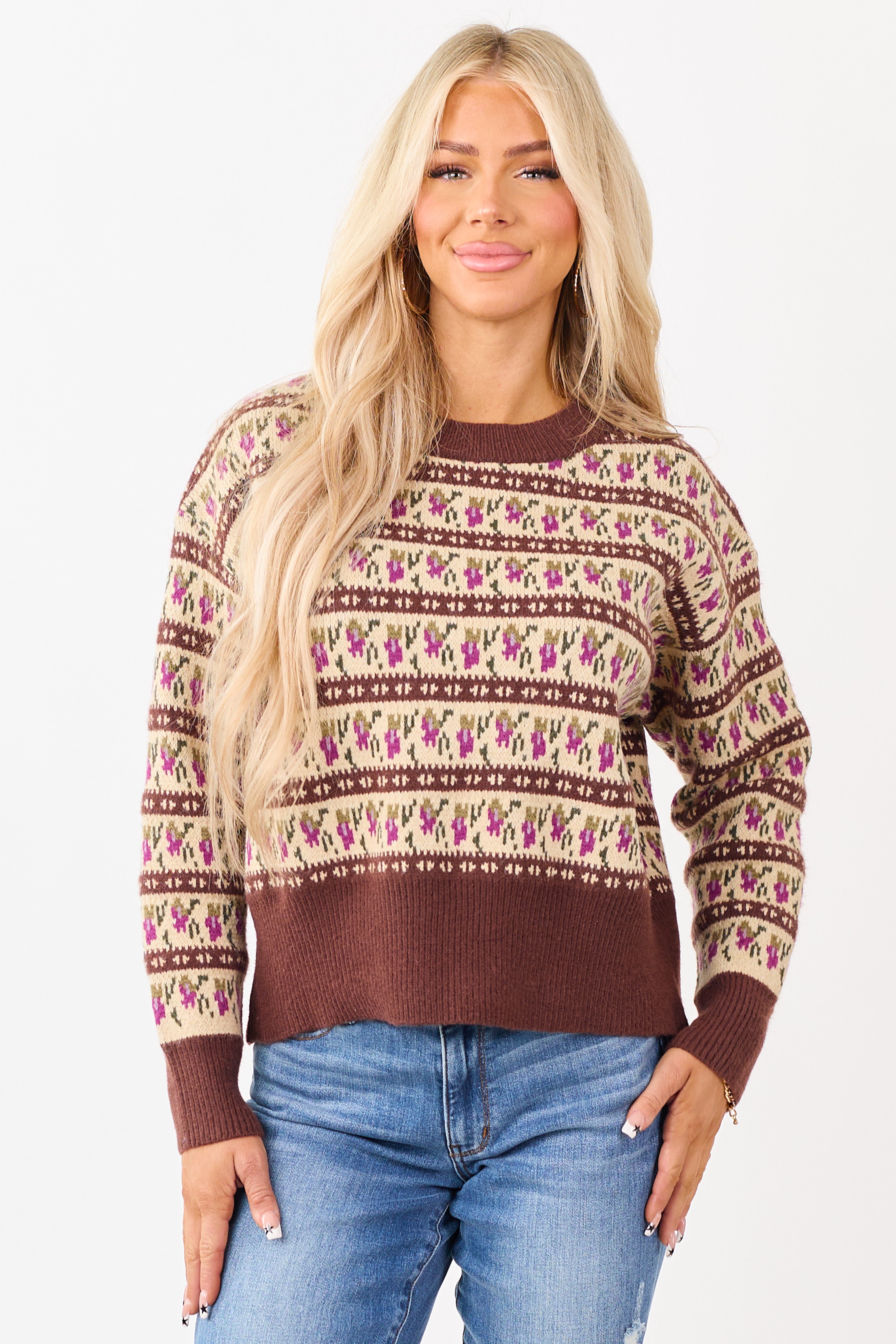 Listicle Chocolate Abstract Floral Knit Sweater | Lime Lush Boutique
