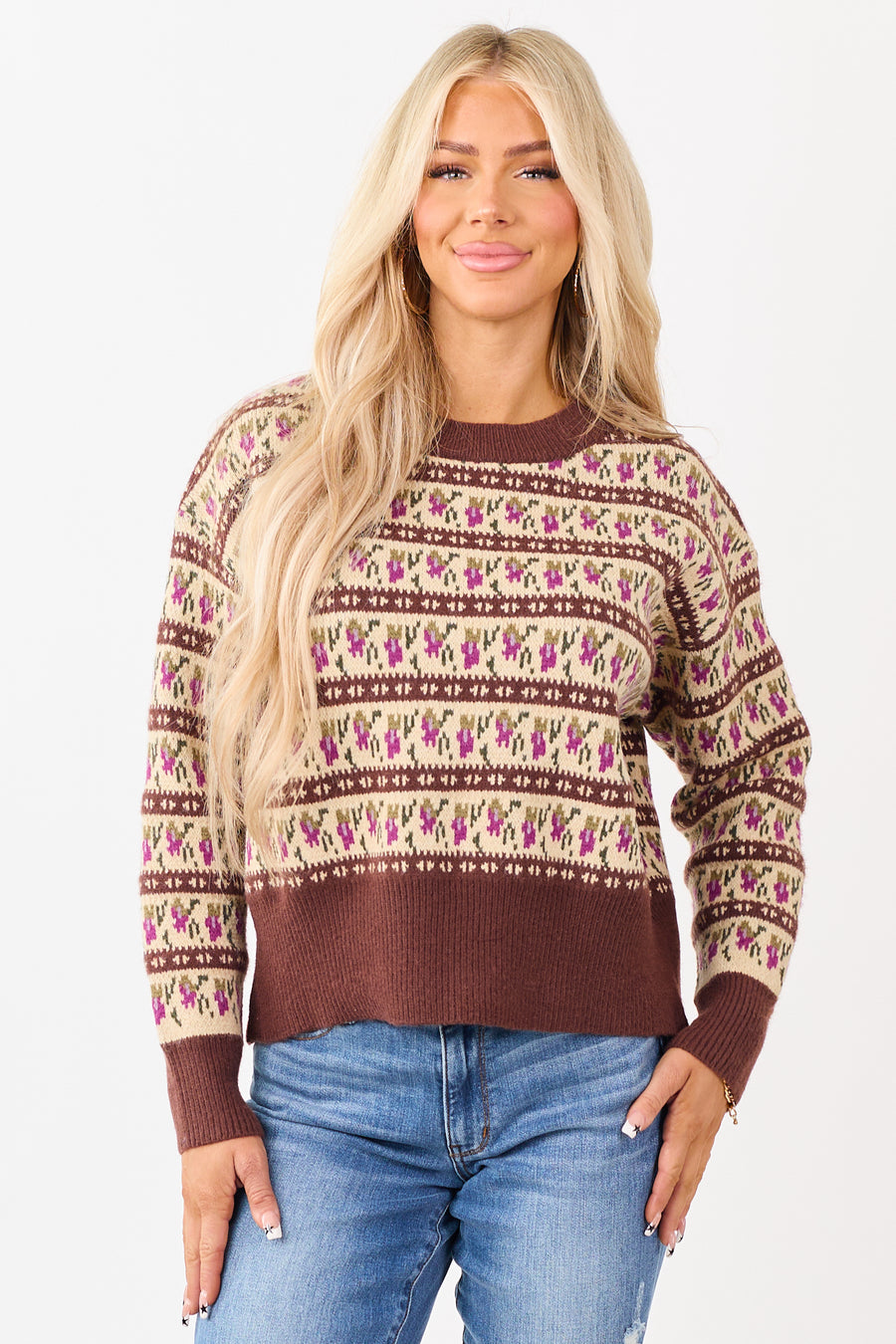 Listicle Chocolate Abstract Floral Knit Sweater