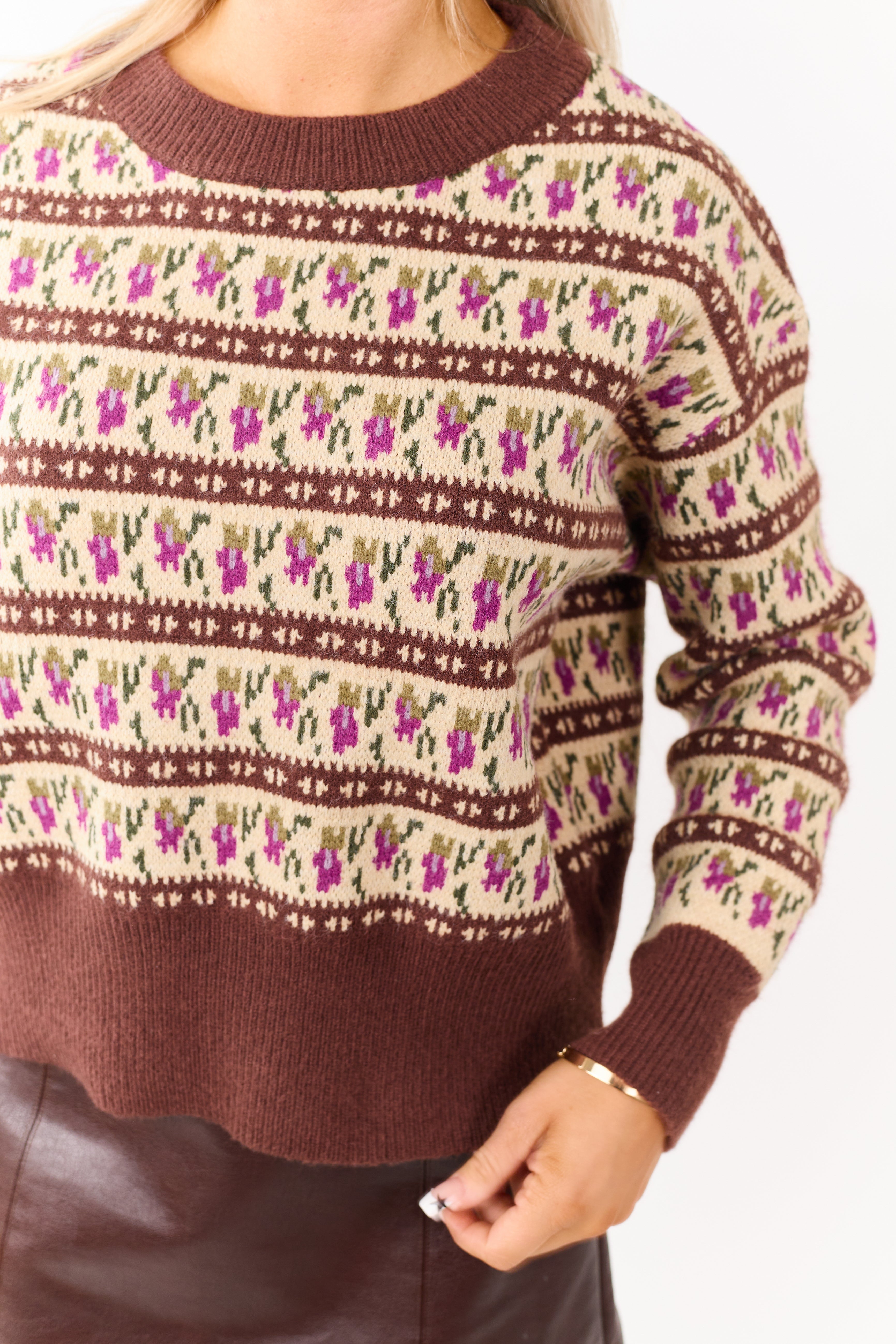 Listicle Chocolate Abstract Floral Knit Sweater | Lime Lush Boutique