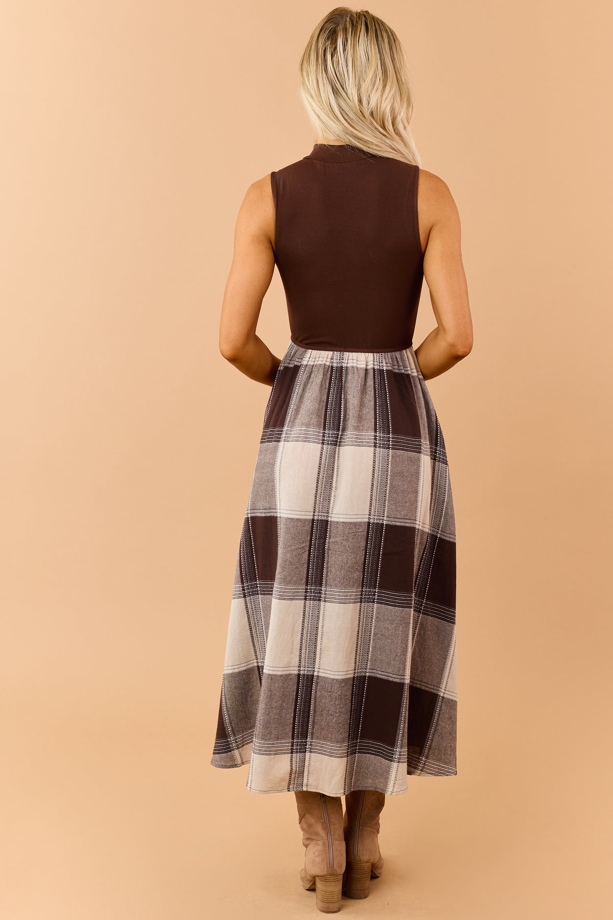 Listicle Chocolate Cotton Plaid Skirt Maxi Dress