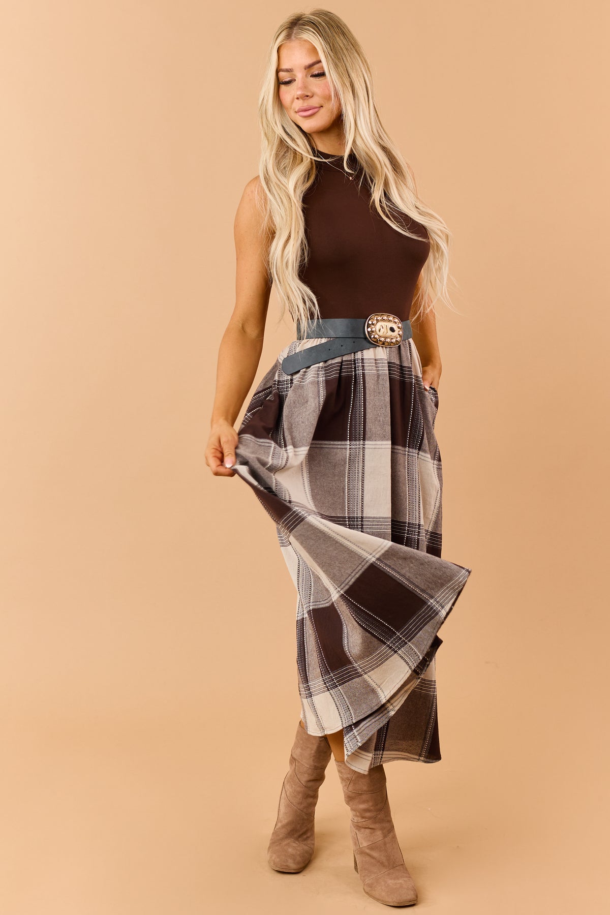 Listicle Chocolate Cotton Plaid Skirt Maxi Dress