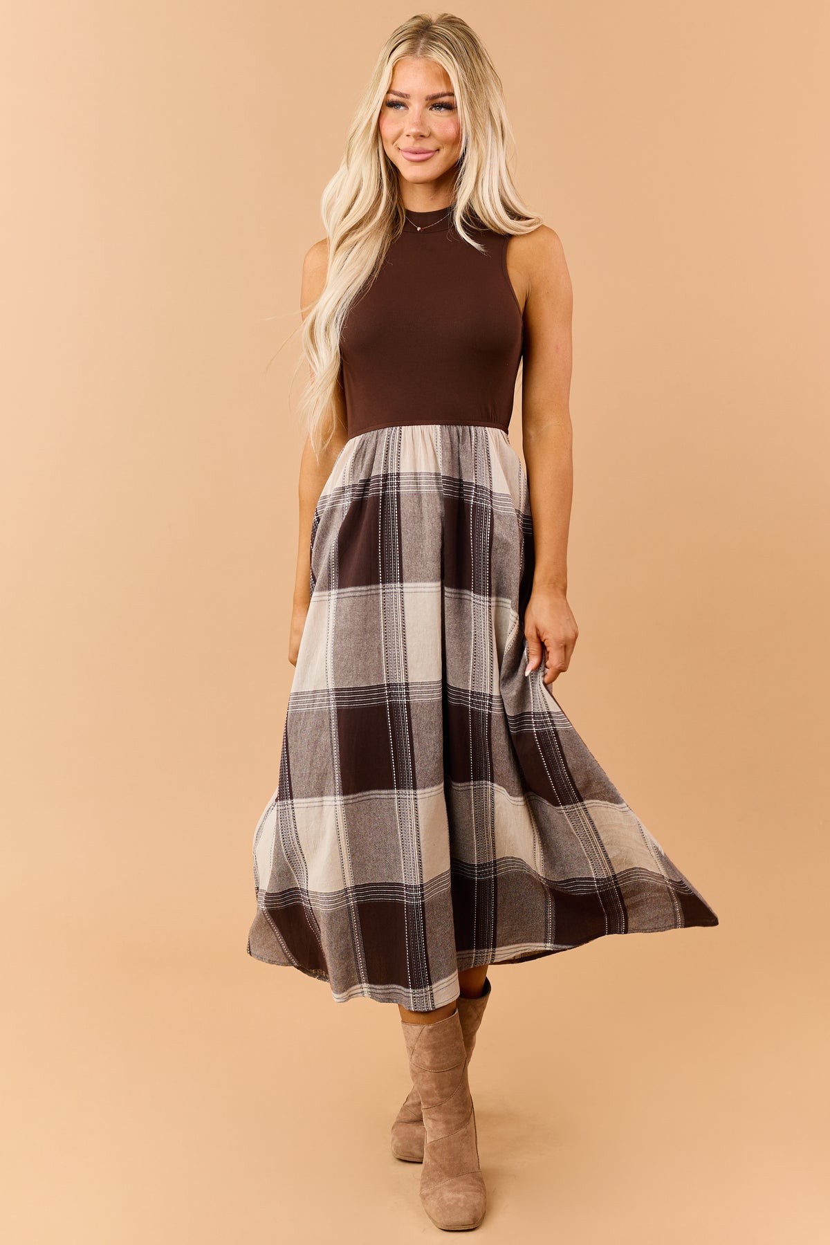 Listicle Chocolate Cotton Plaid Skirt Maxi Dress