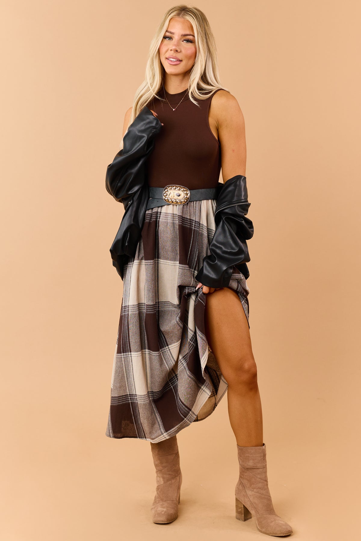 Listicle Chocolate Cotton Plaid Skirt Maxi Dress