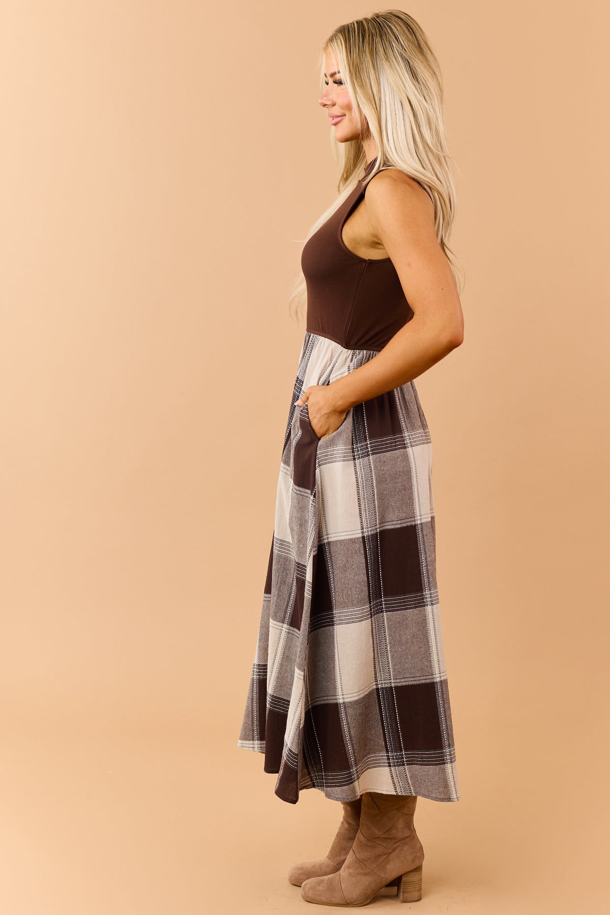 Listicle Chocolate Cotton Plaid Skirt Maxi Dress