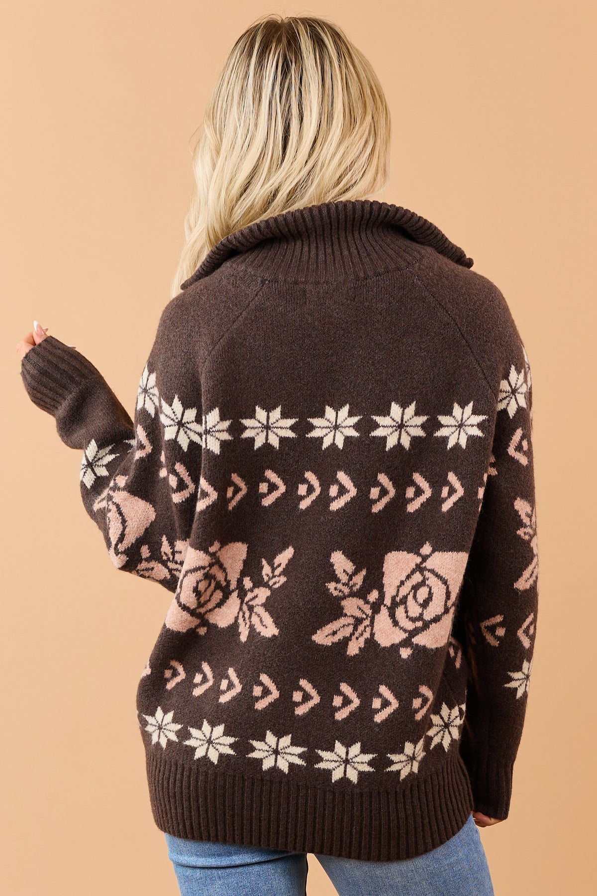 Listicle Chocolate Fair Isle Quarter Zip Sweater