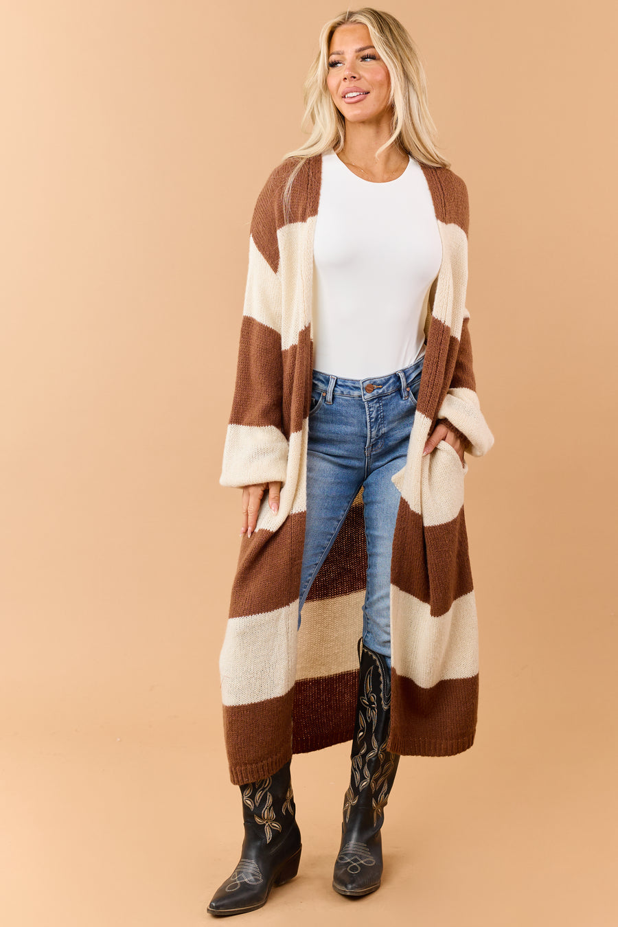 Listicle Chocolate Striped Open Front Duster Cardigan