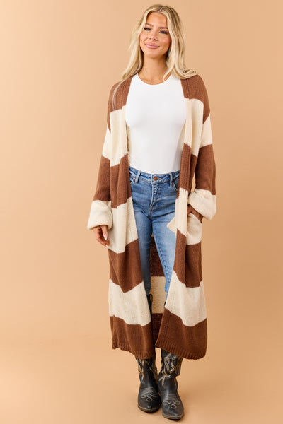 Listicle Chocolate Striped Open Front Duster Cardigan