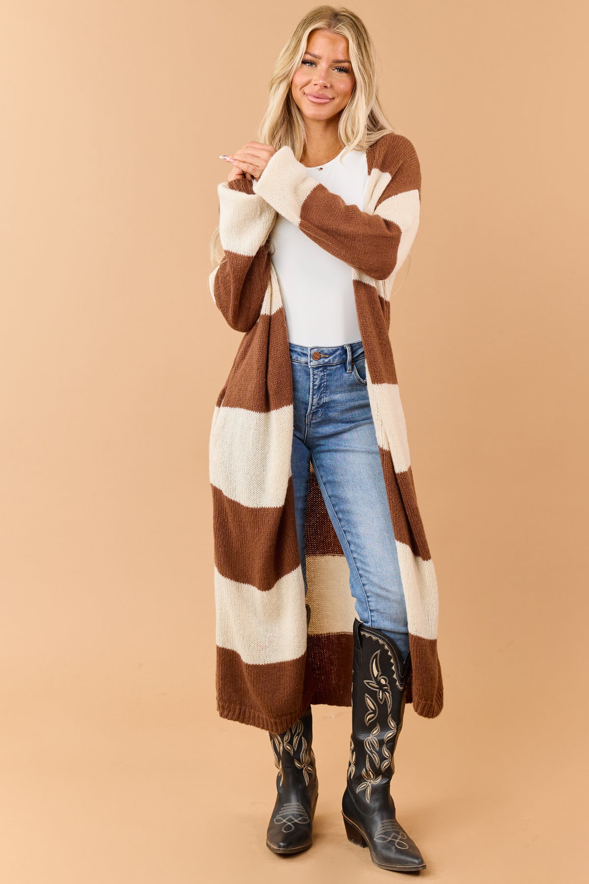 Listicle Chocolate Striped Open Front Duster Cardigan