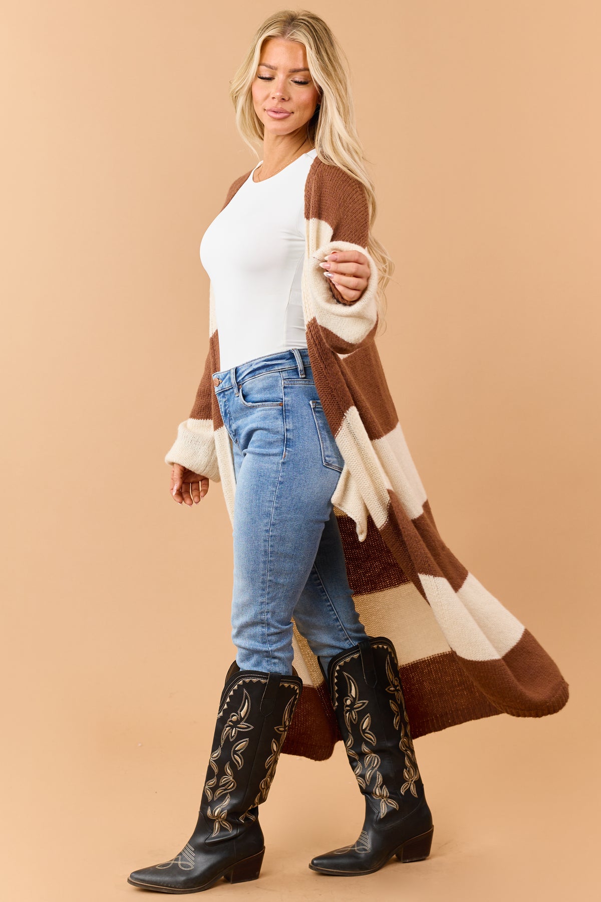 Listicle Chocolate Striped Open Front Duster Cardigan