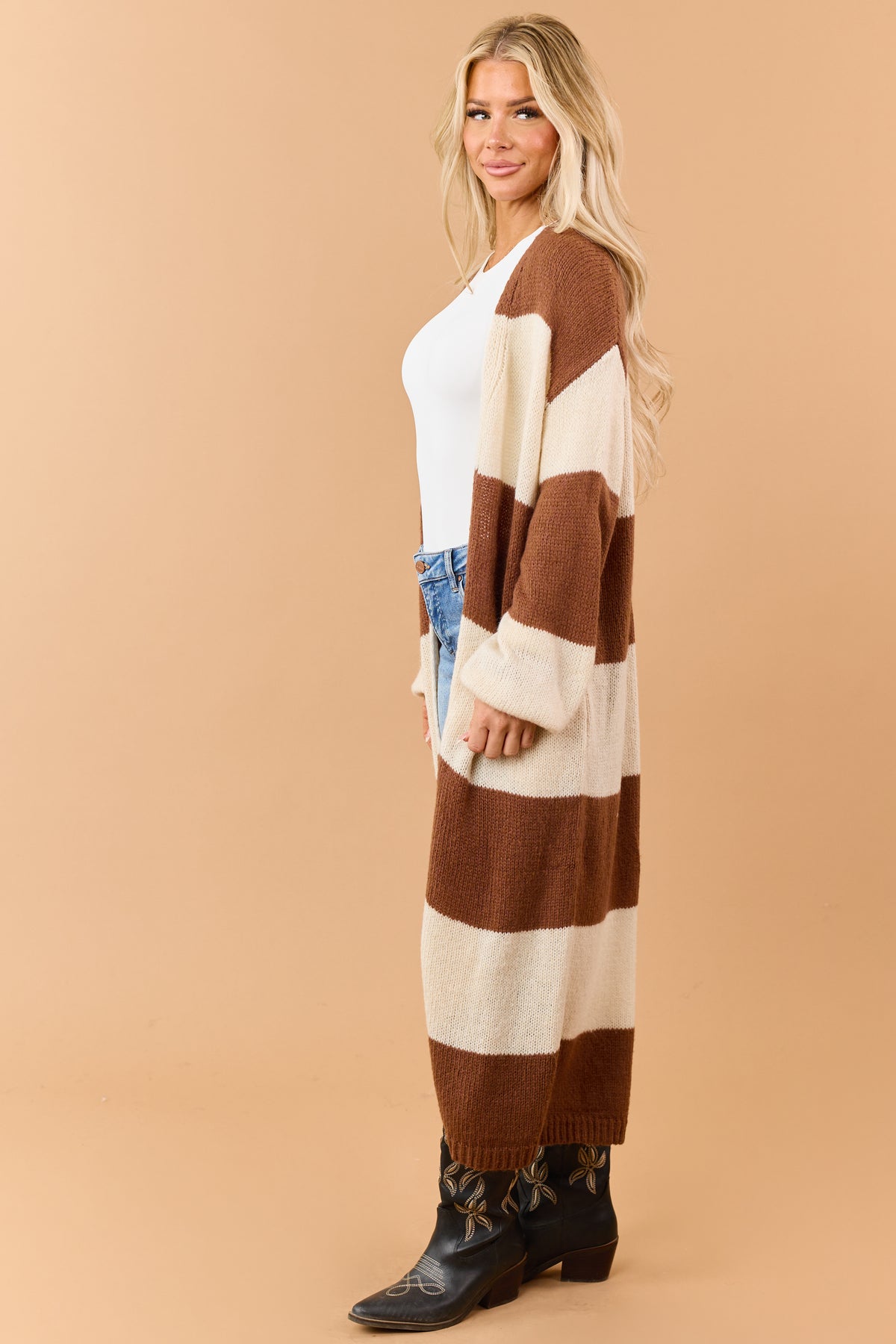 Listicle Chocolate Striped Open Front Duster Cardigan