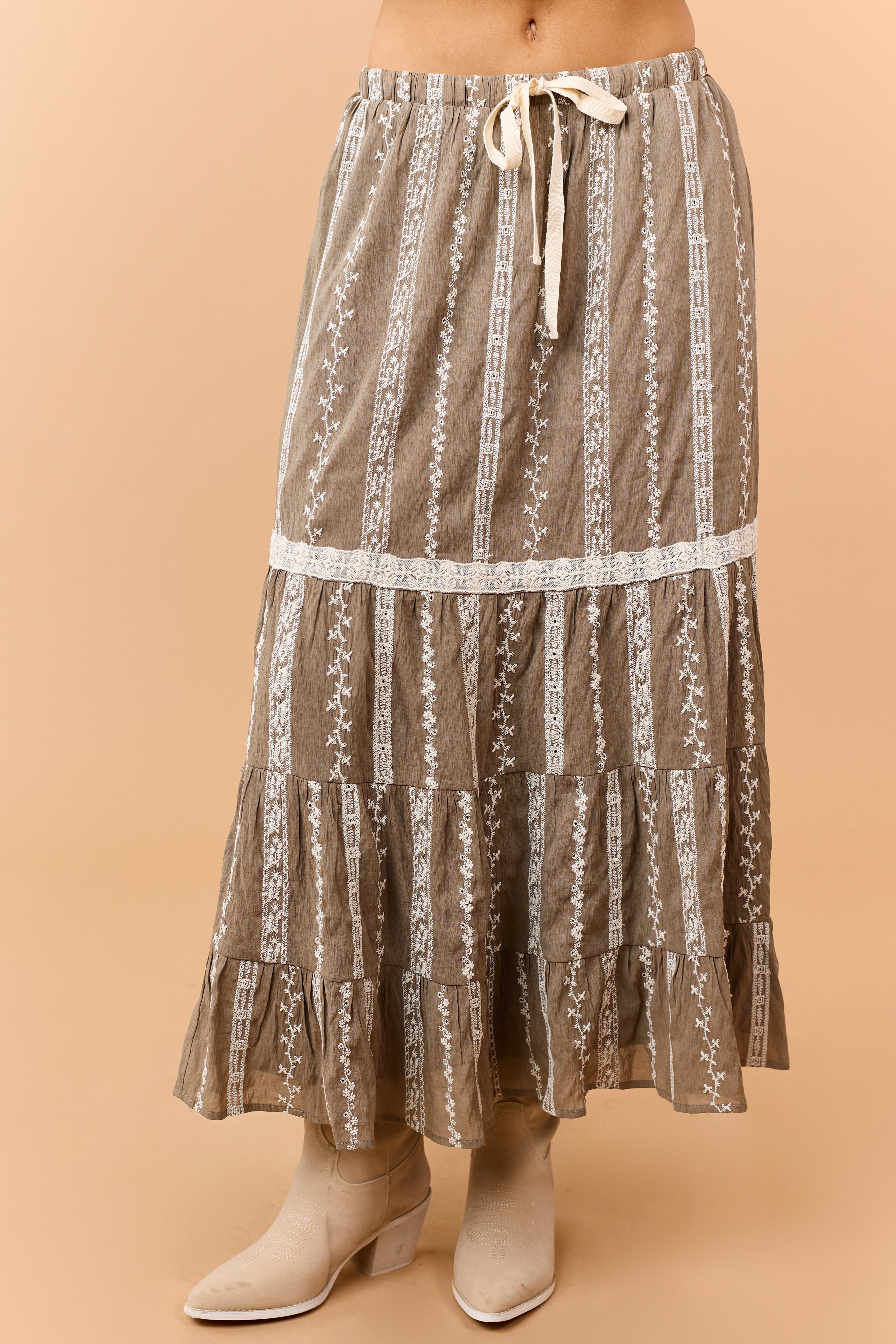 Listicle Coffee Embroidered Tiered Maxi Skirt