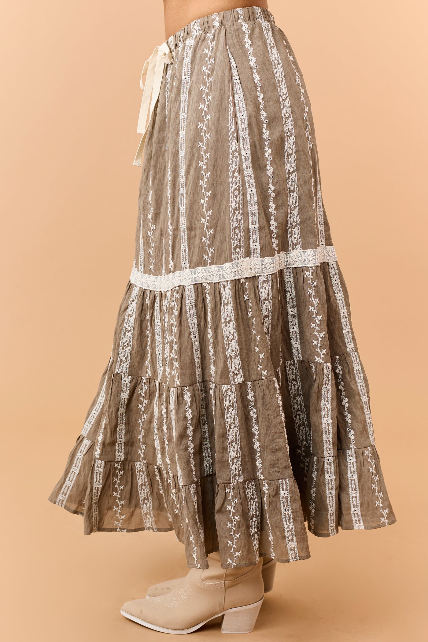 Listicle Coffee Embroidered Tiered Maxi Skirt