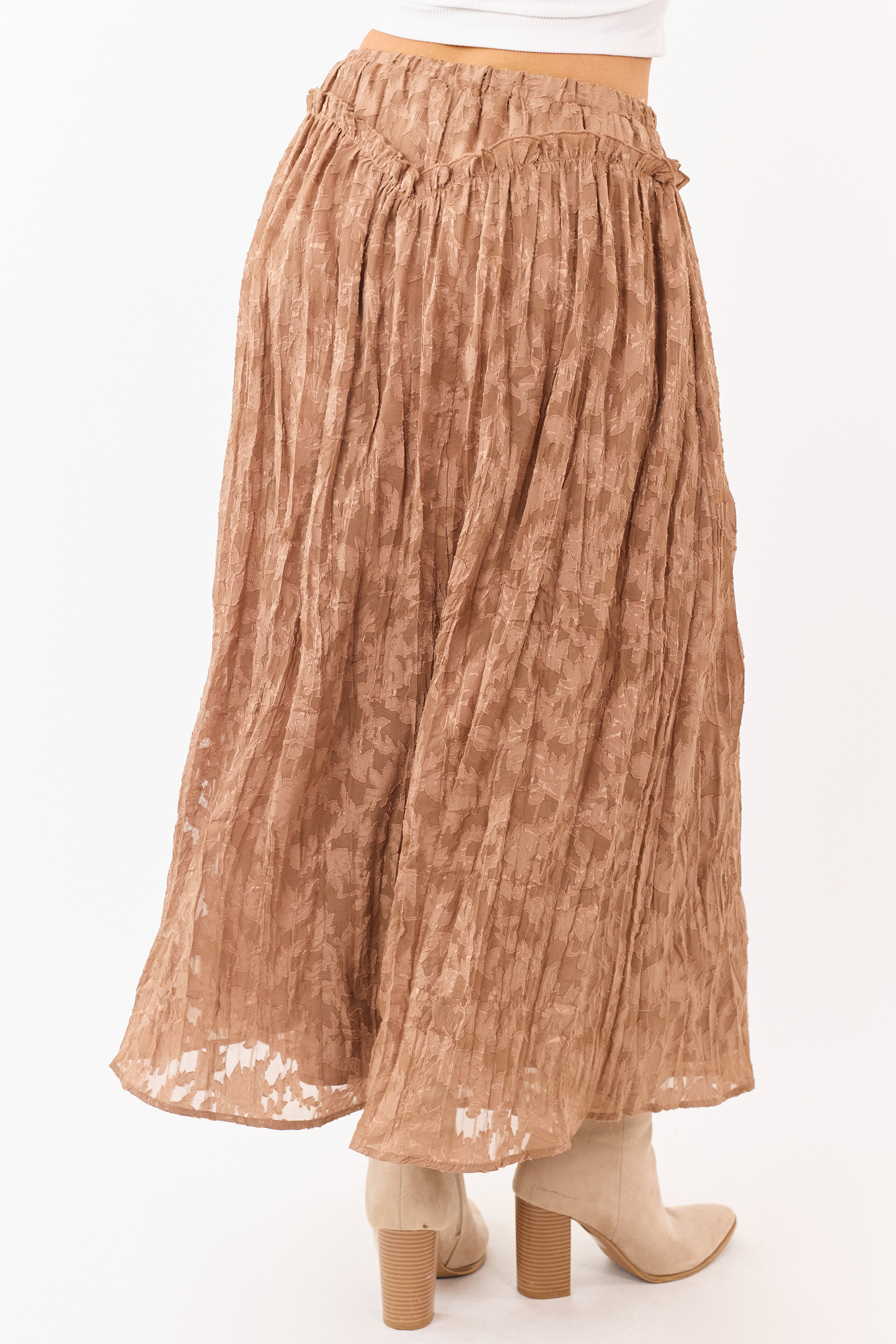 Listicle Coffee Textured Floral Lace Maxi Skirt