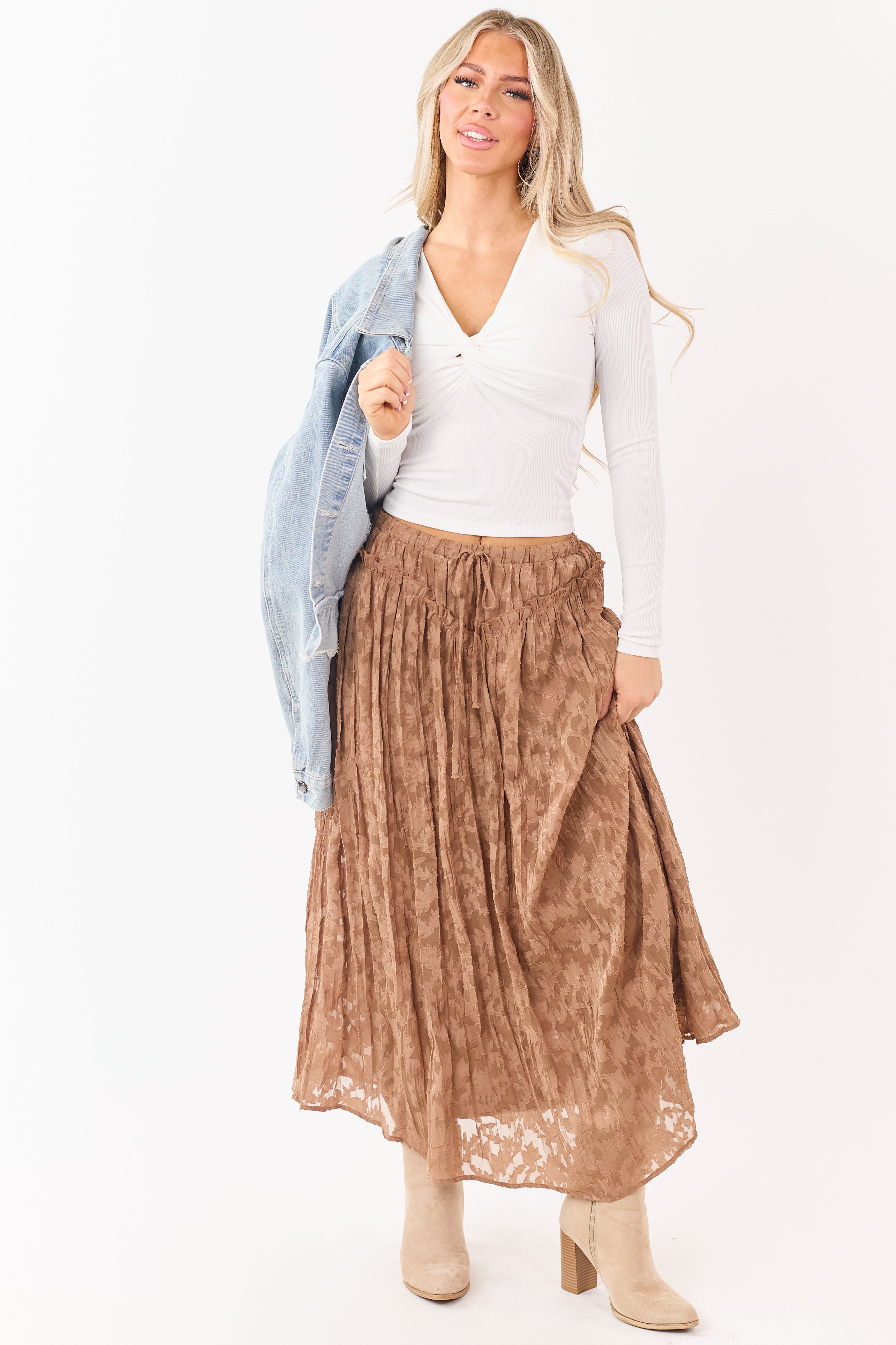Listicle Coffee Textured Floral Lace Maxi Skirt