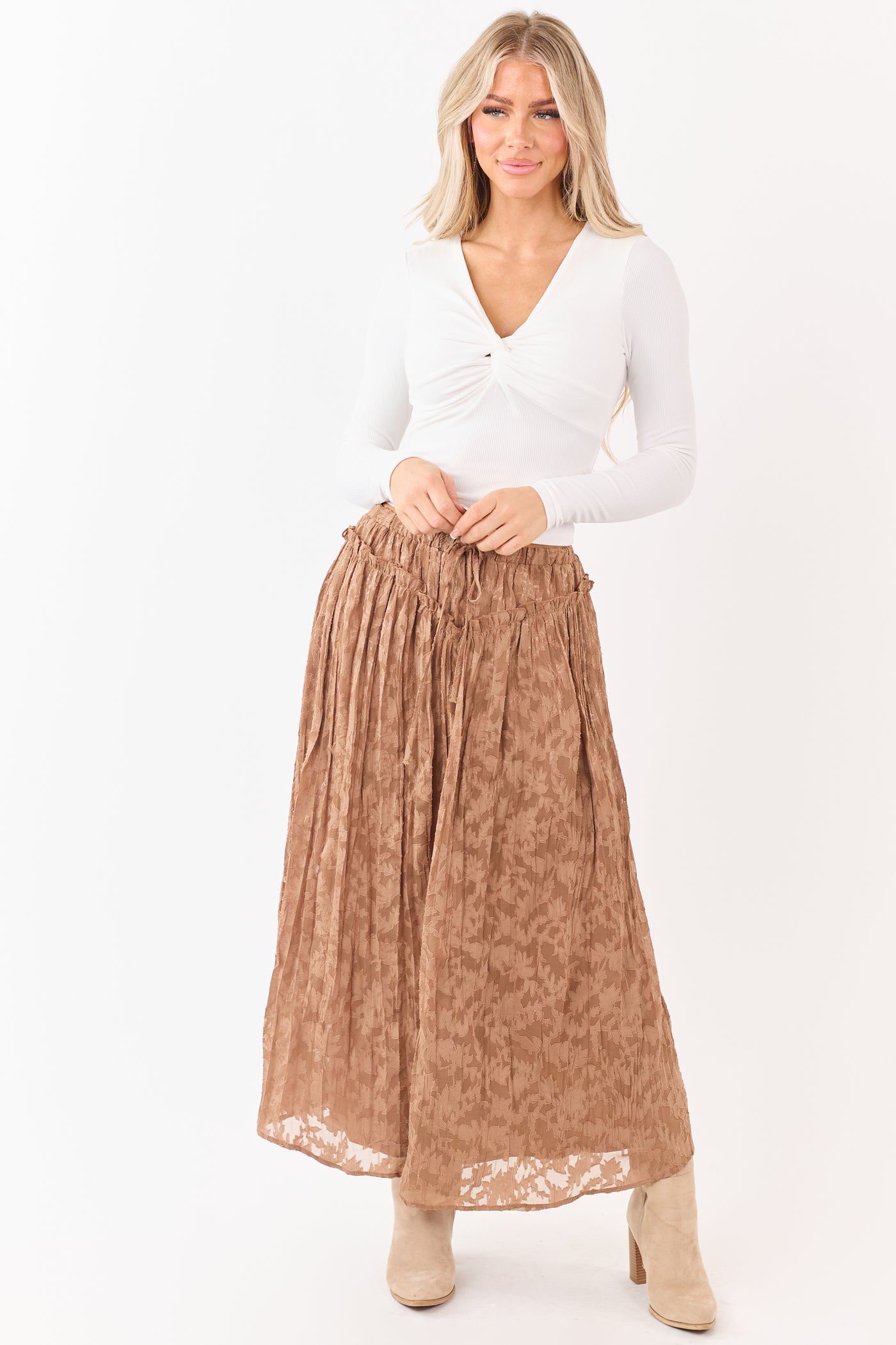 Listicle Coffee Textured Floral Lace Maxi Skirt