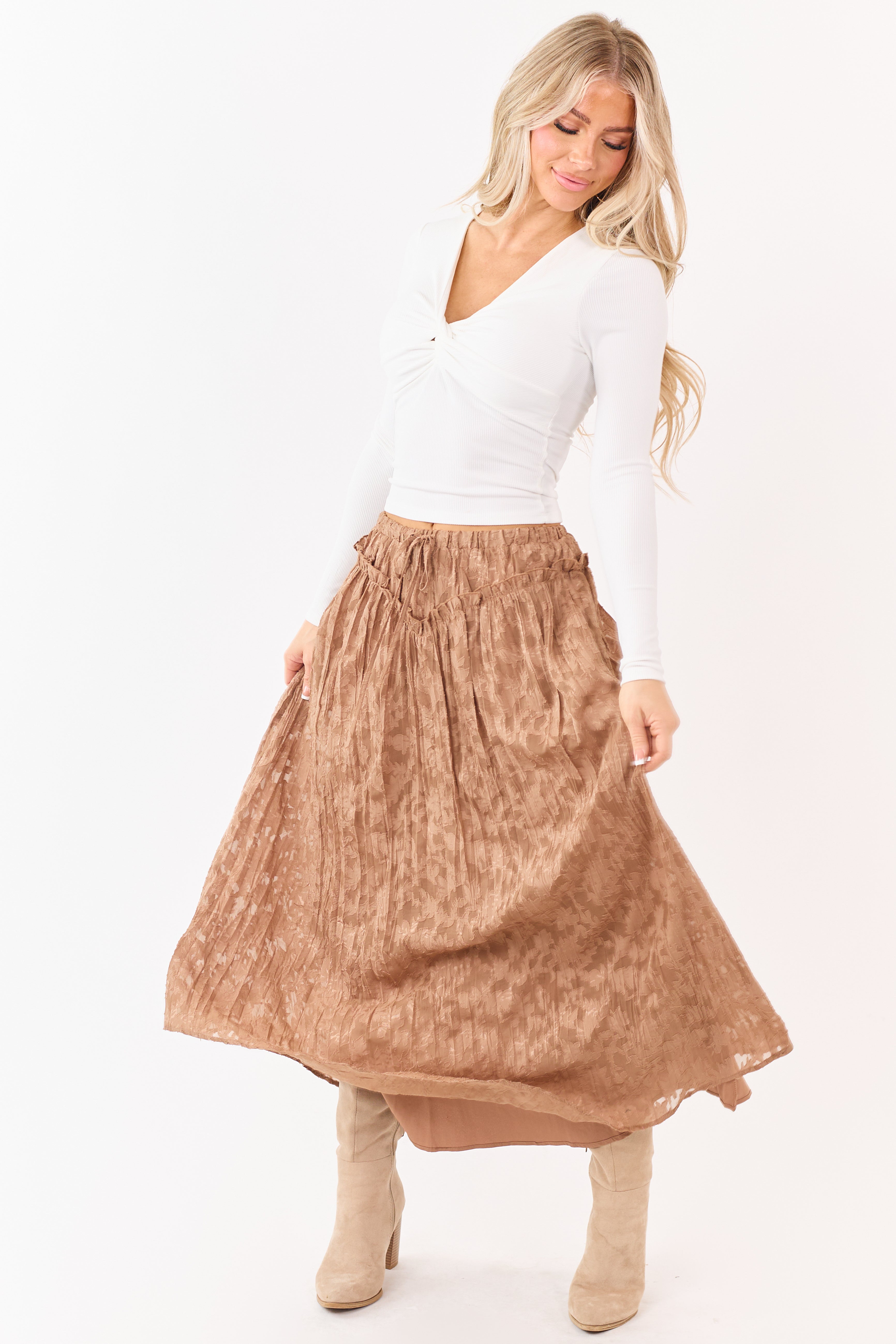 Listicle Coffee Textured Floral Lace Maxi Skirt