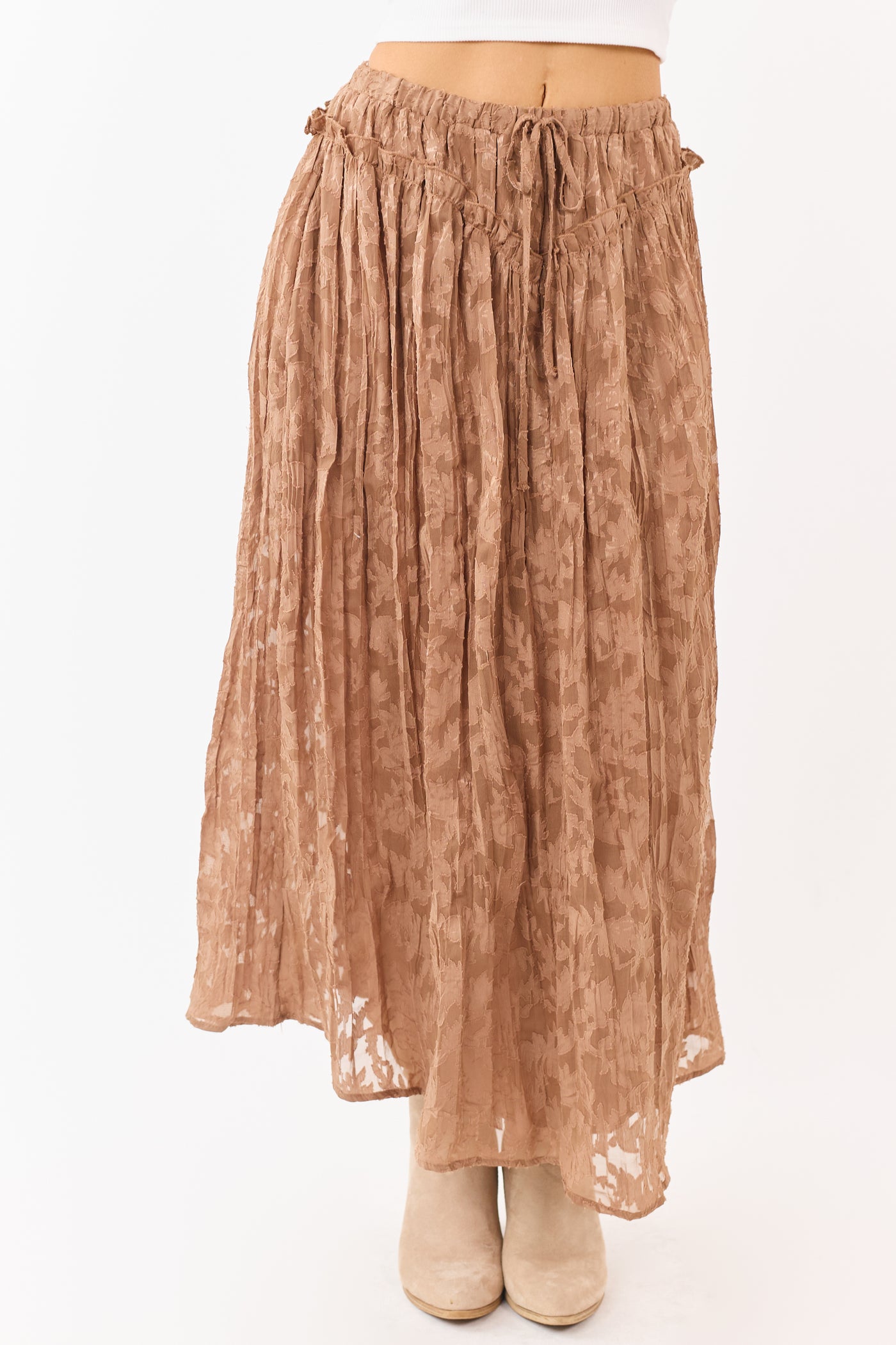 Listicle Coffee Textured Floral Lace Maxi Skirt