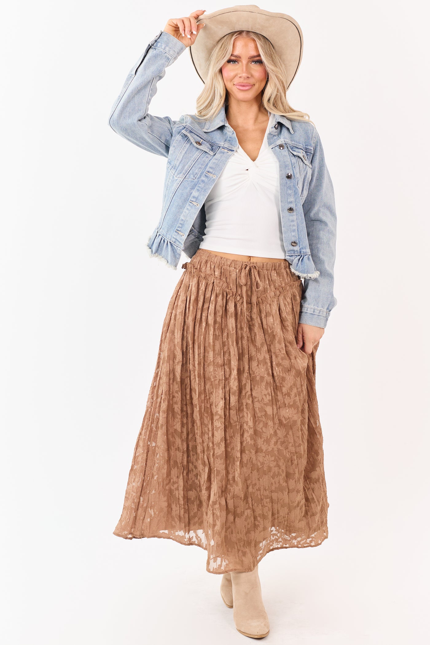 Listicle Coffee Textured Floral Lace Maxi Skirt