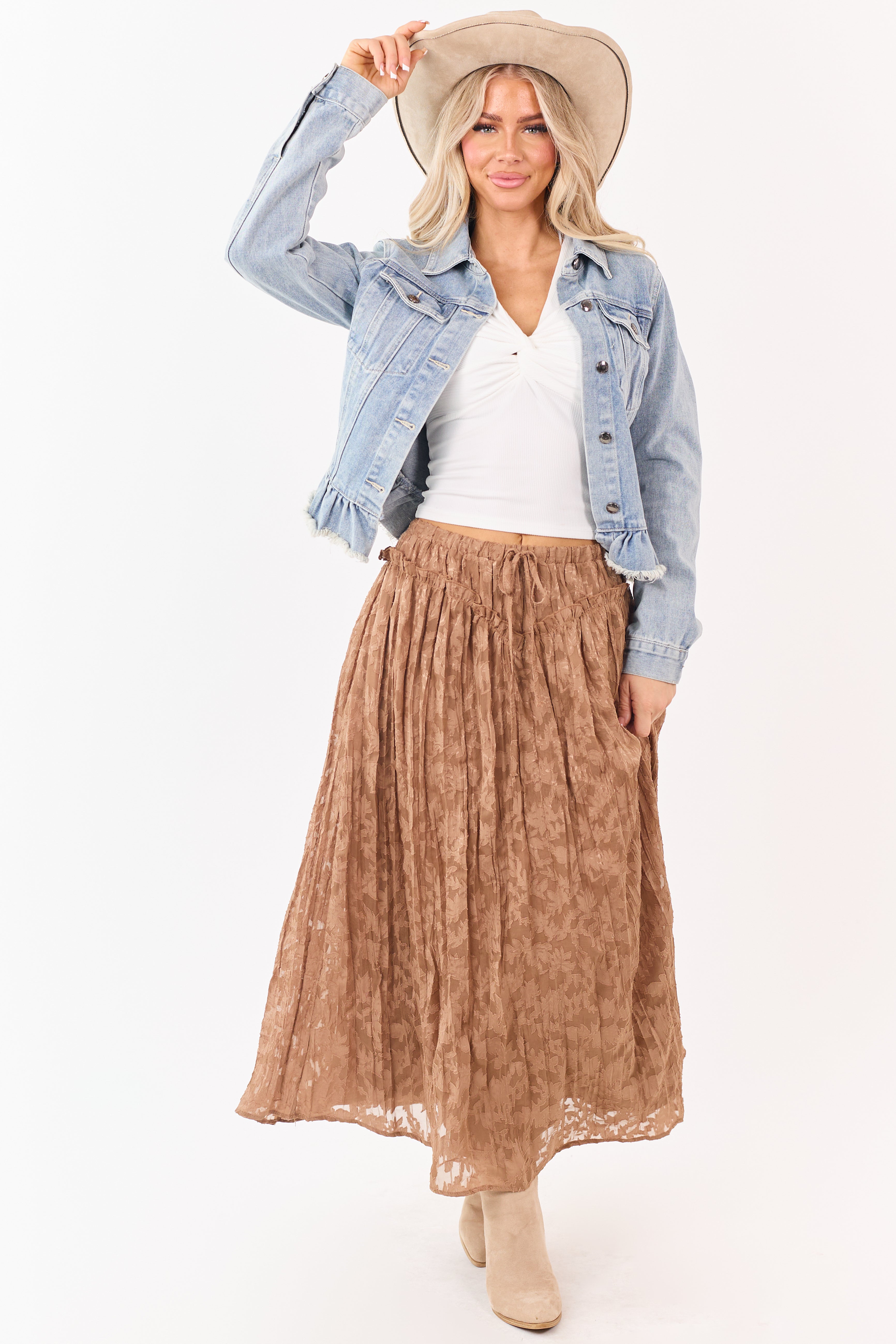 Listicle Coffee Textured Floral Lace Maxi Skirt