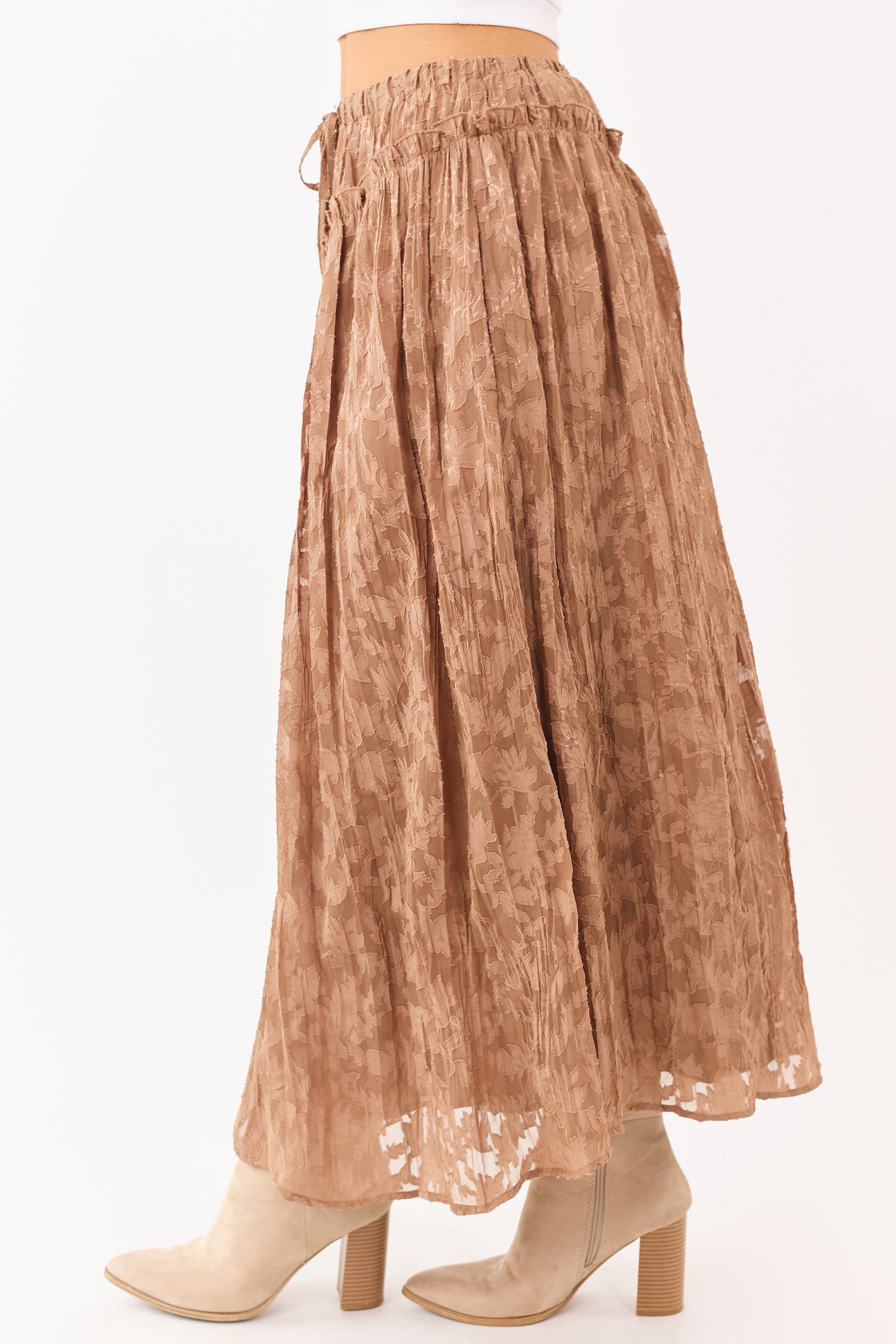 Listicle Coffee Textured Floral Lace Maxi Skirt