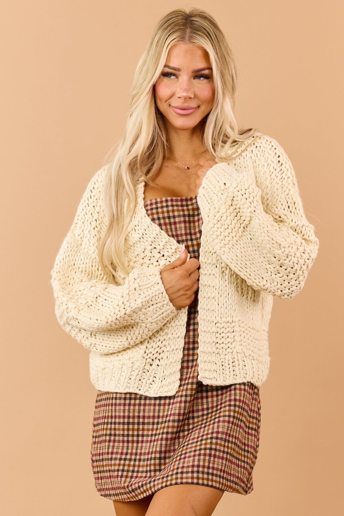 Listicle Cream Open Front Chunky Knit Cardigan