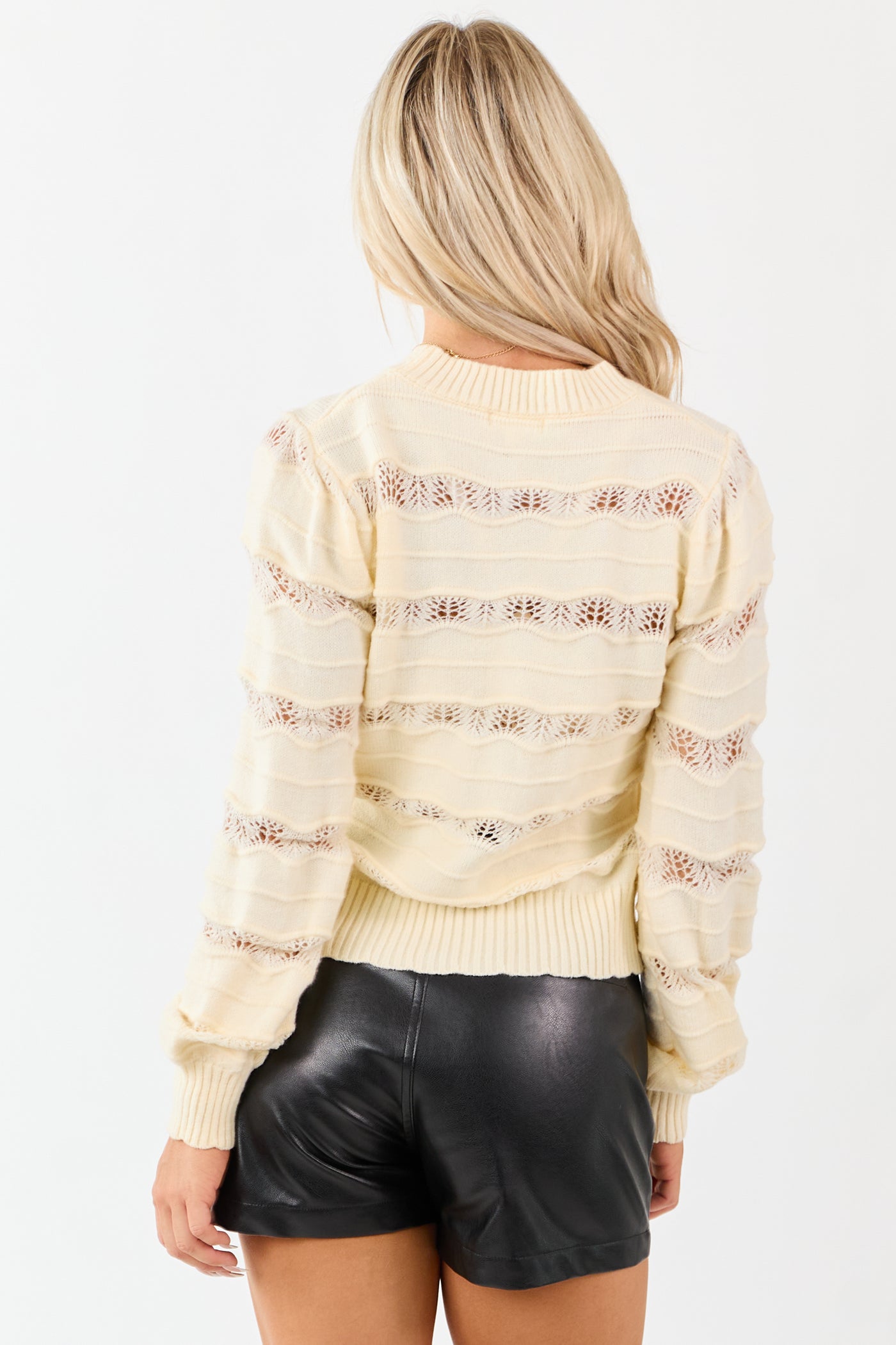 Listicle Cream Pointelle Wavy Stripe Knit Sweater