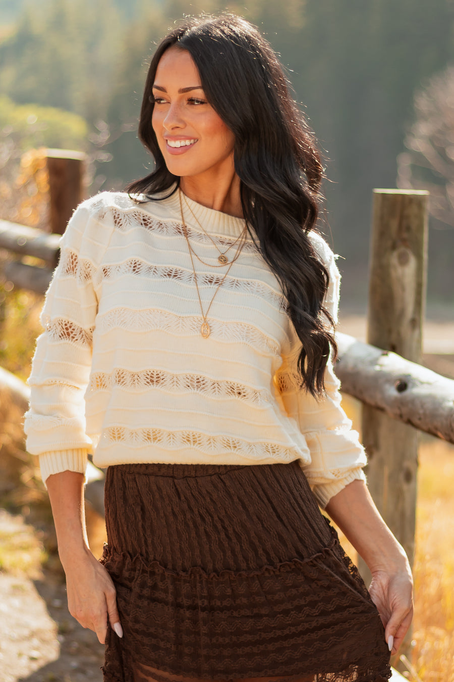 Listicle Cream Pointelle Wavy Stripe Knit Sweater