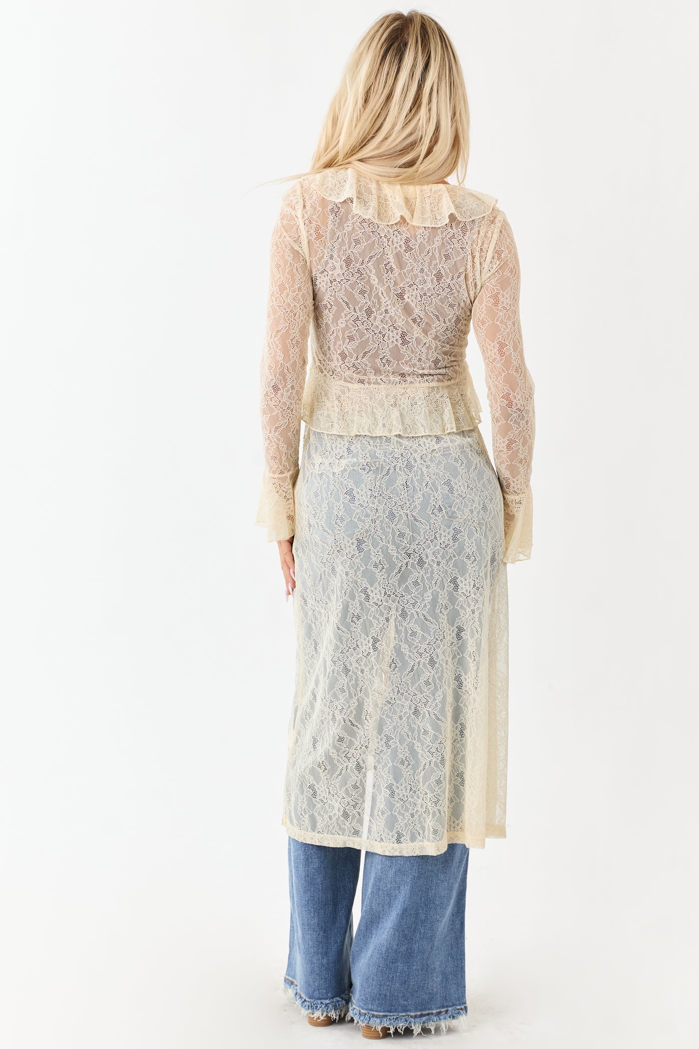 Listicle Cream Sheer Lace Ruffle Duster Cardigan